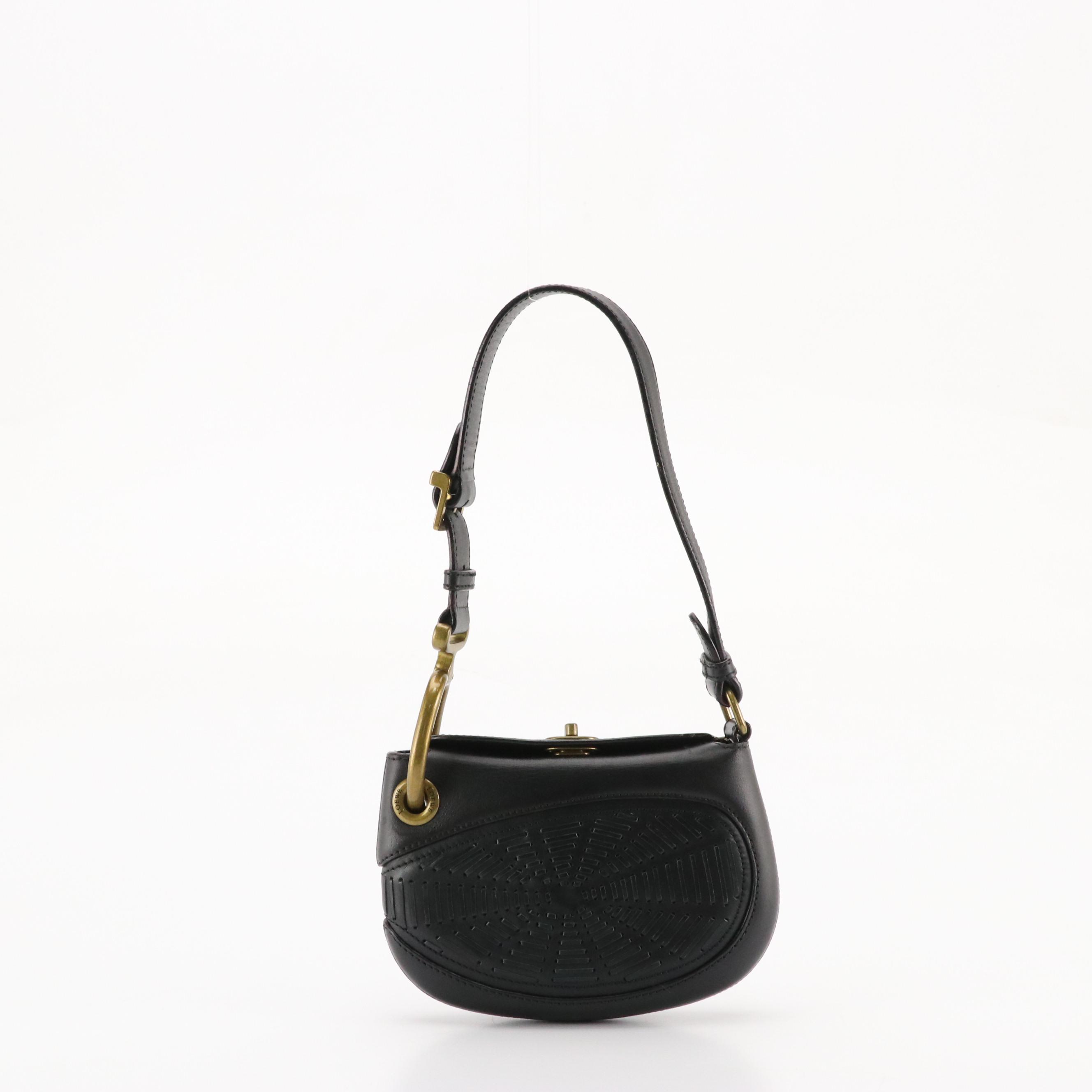 Loewe Mini Shoulder Bag in Black Calfskin Leather with Interwoven Details