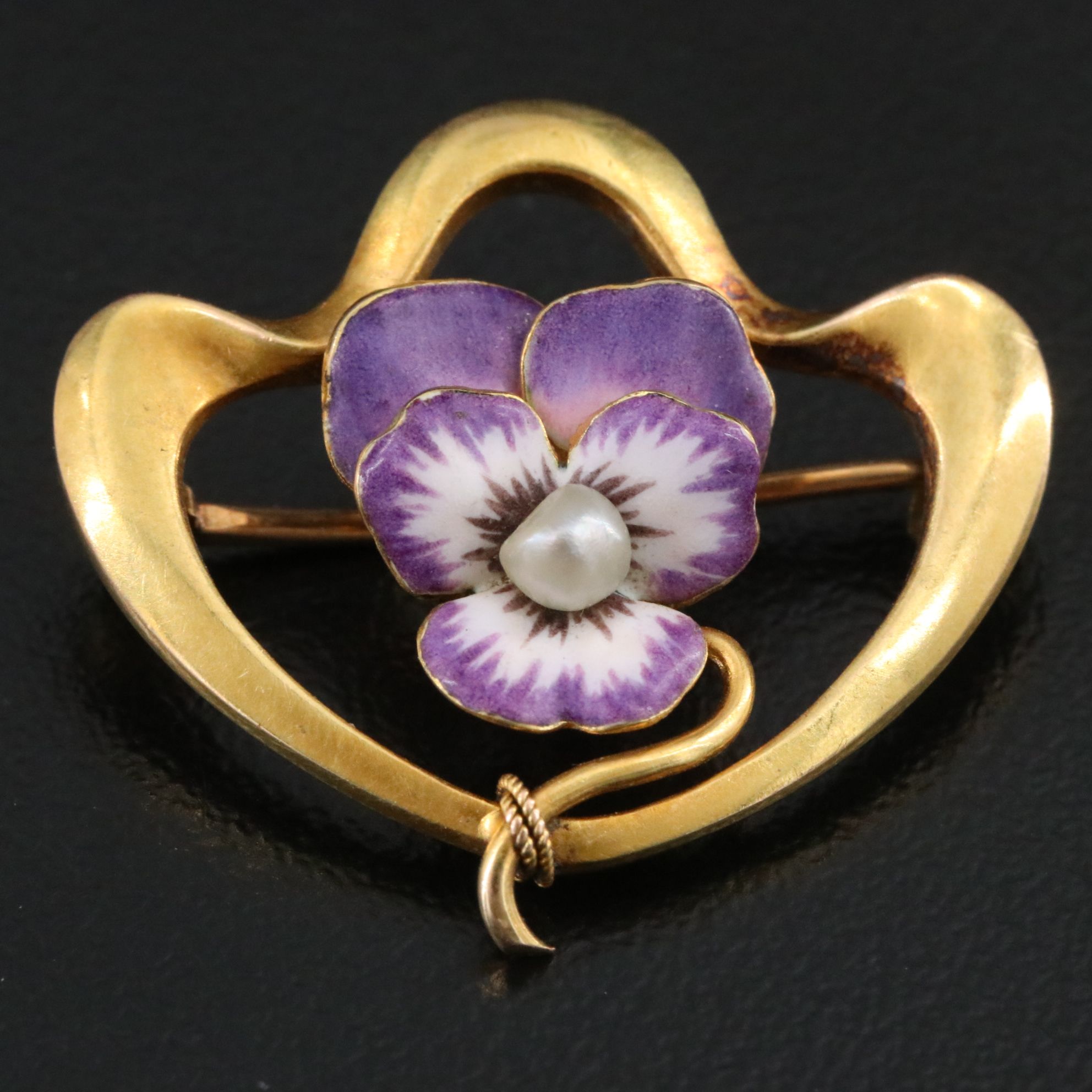Art Nouveau Krementz 14K Pearl and Enamel Pansy Pin