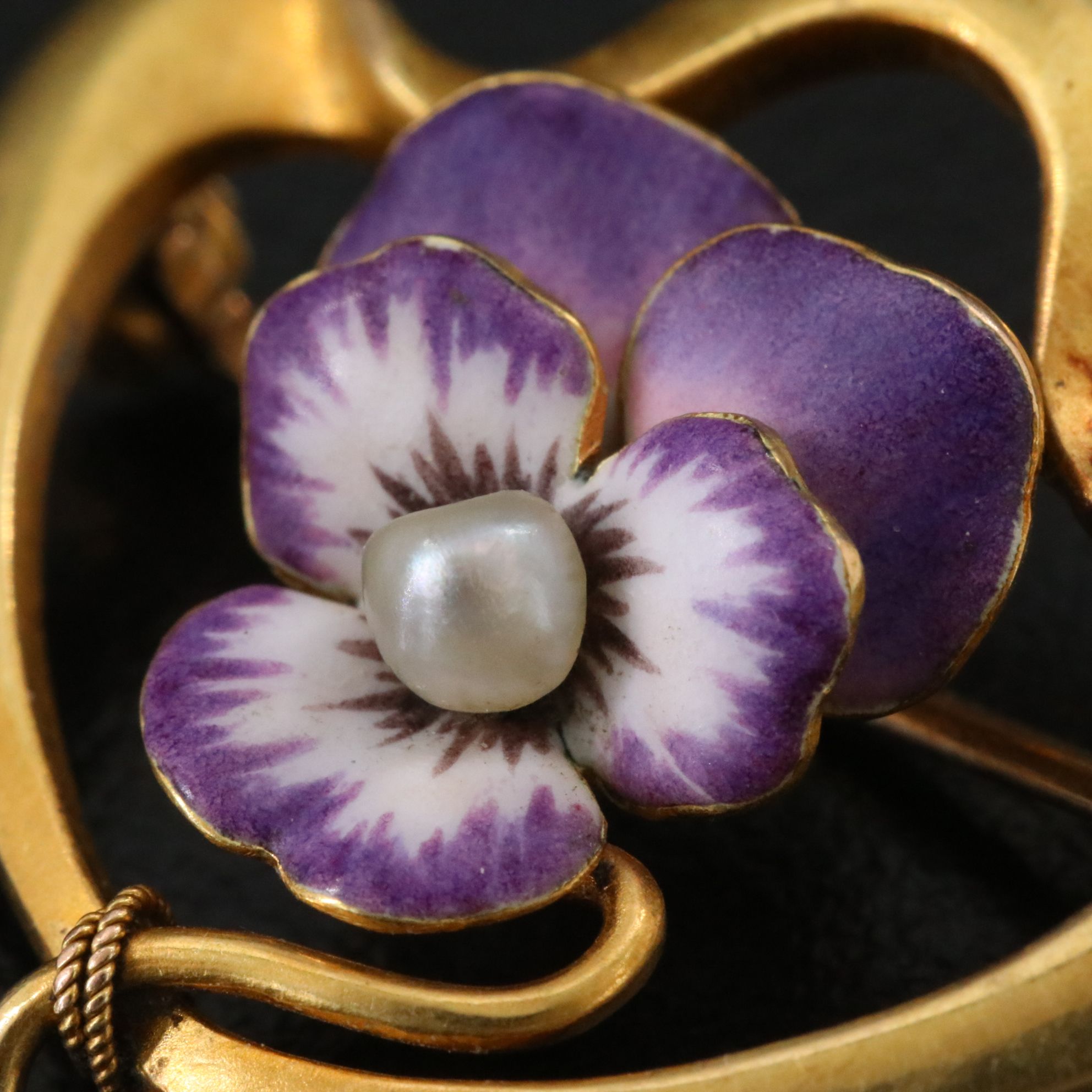 Art Nouveau Krementz 14K Pearl and Enamel Pansy Pin