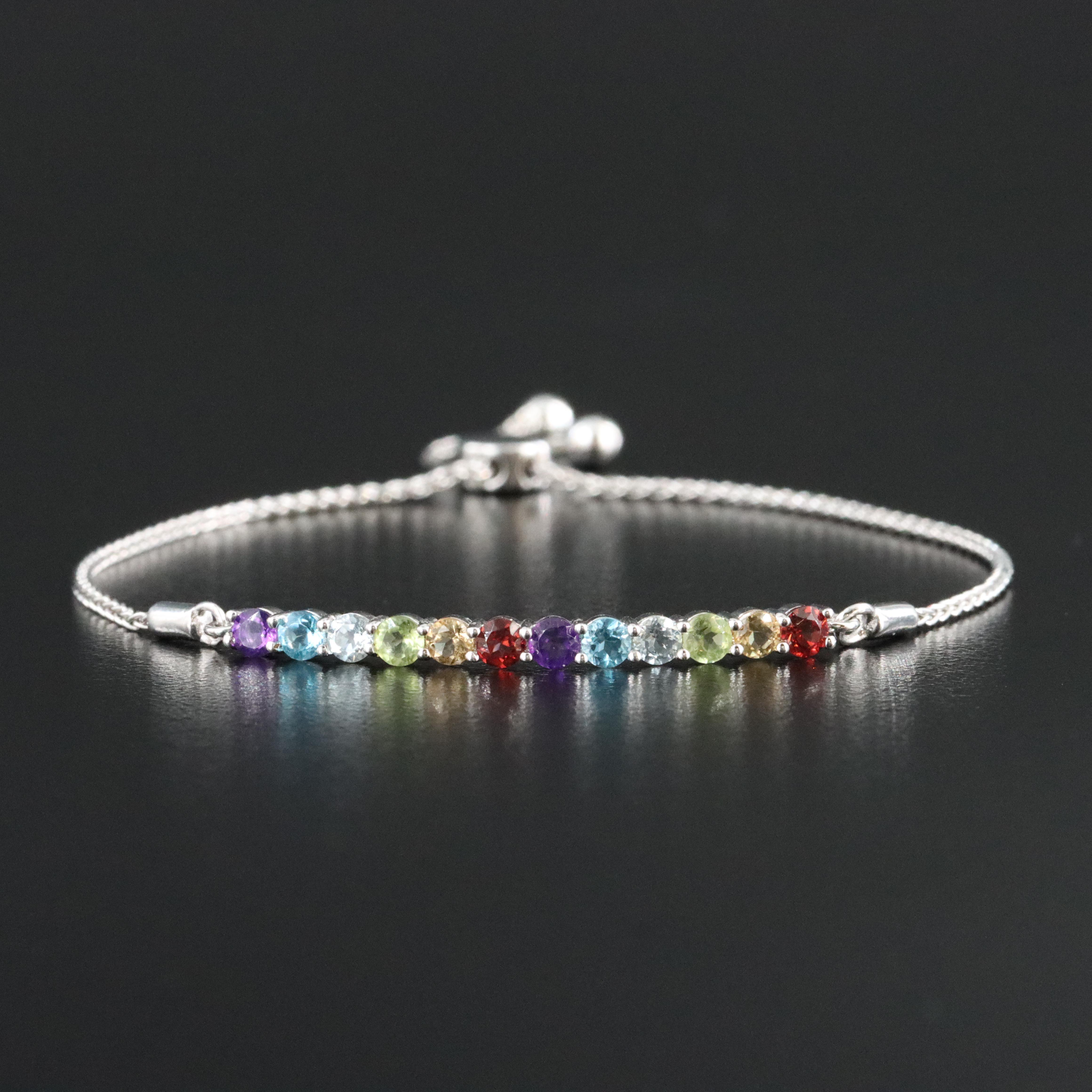 Sterling Topaz, Amethyst and Peridot Bolo Bracelet