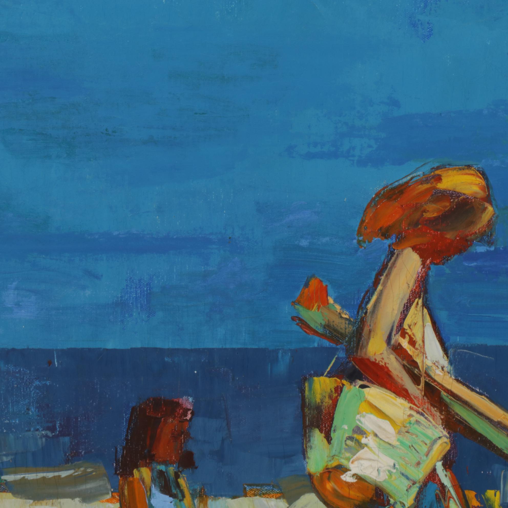 Roy Hustin "A Day at the Beach" Impasto Oil Painting, Late 20th Century