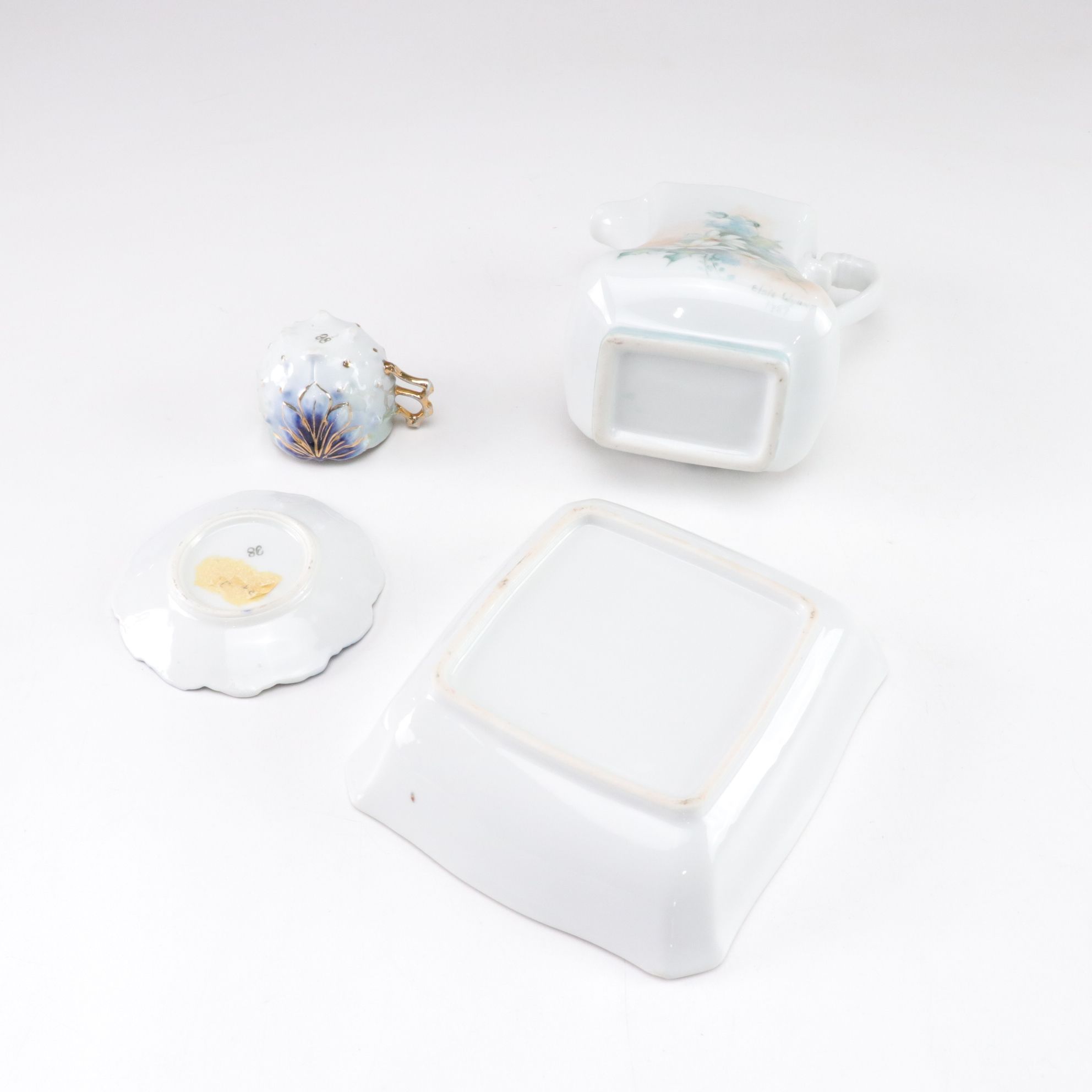 Hand-Painted Floral Porcelain Tray, Creamer, Olive Dish with Scoop, and More