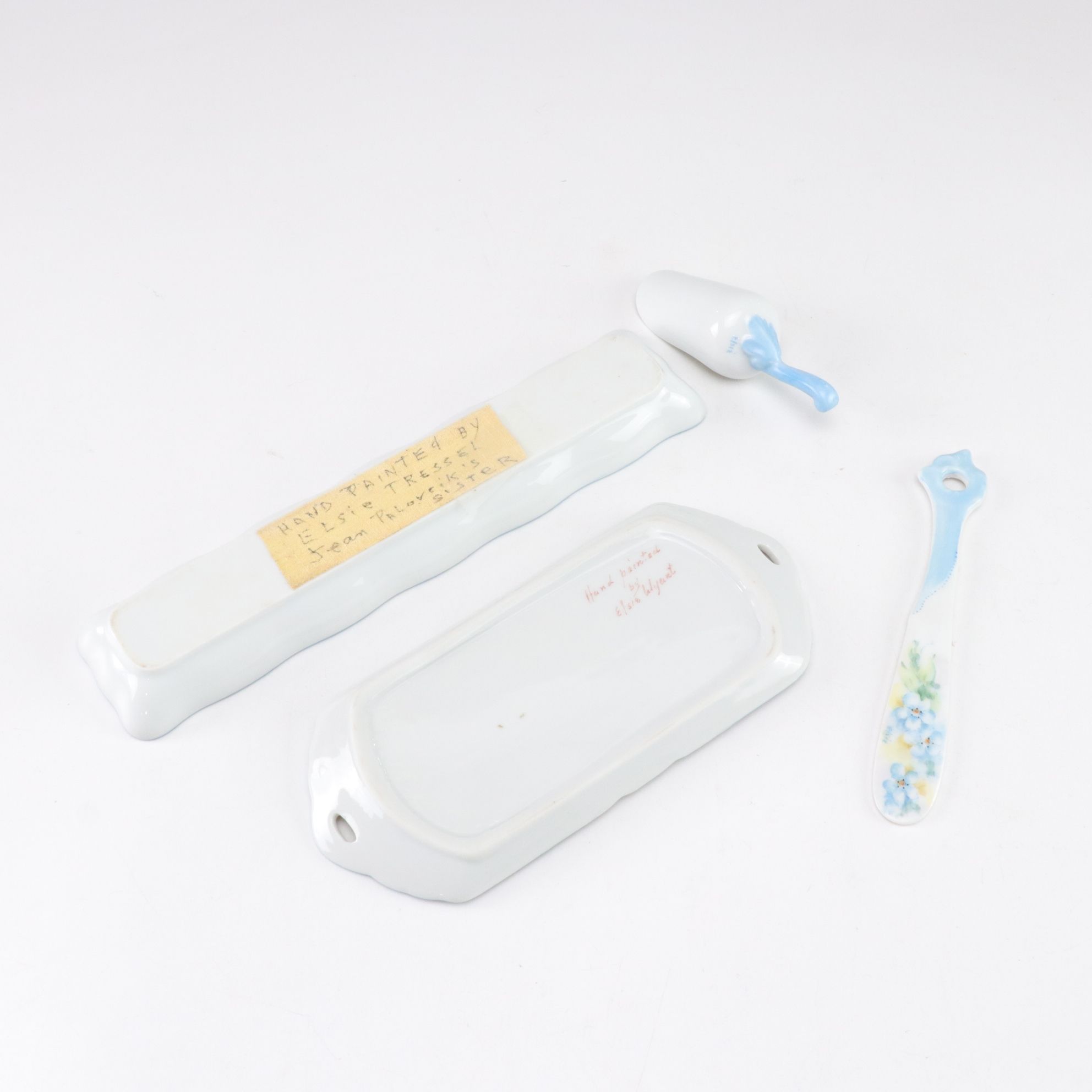 Hand-Painted Floral Porcelain Tray, Creamer, Olive Dish with Scoop, and More