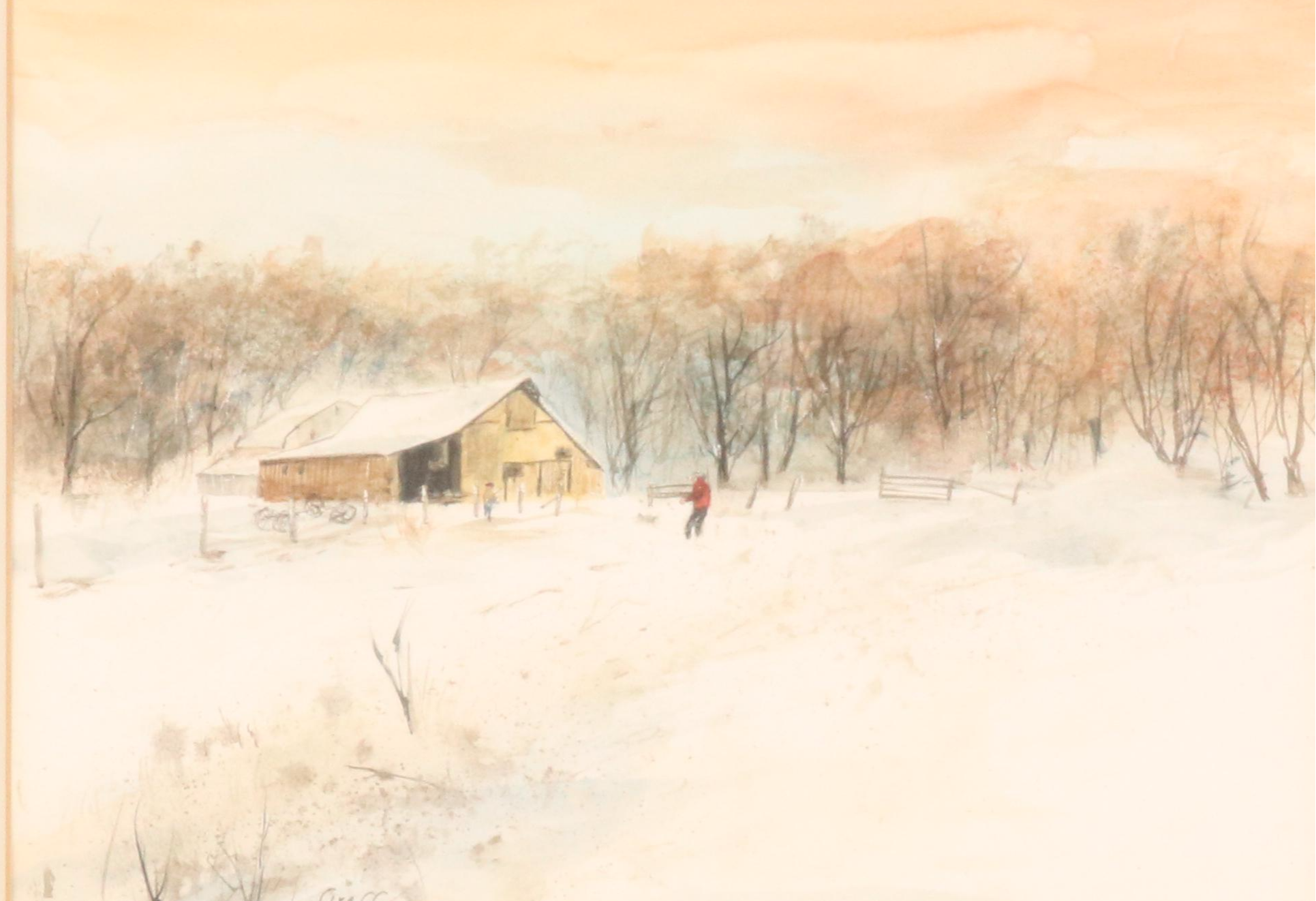 Rural Winter Landscape Watercolor Painting of Farmhouse
