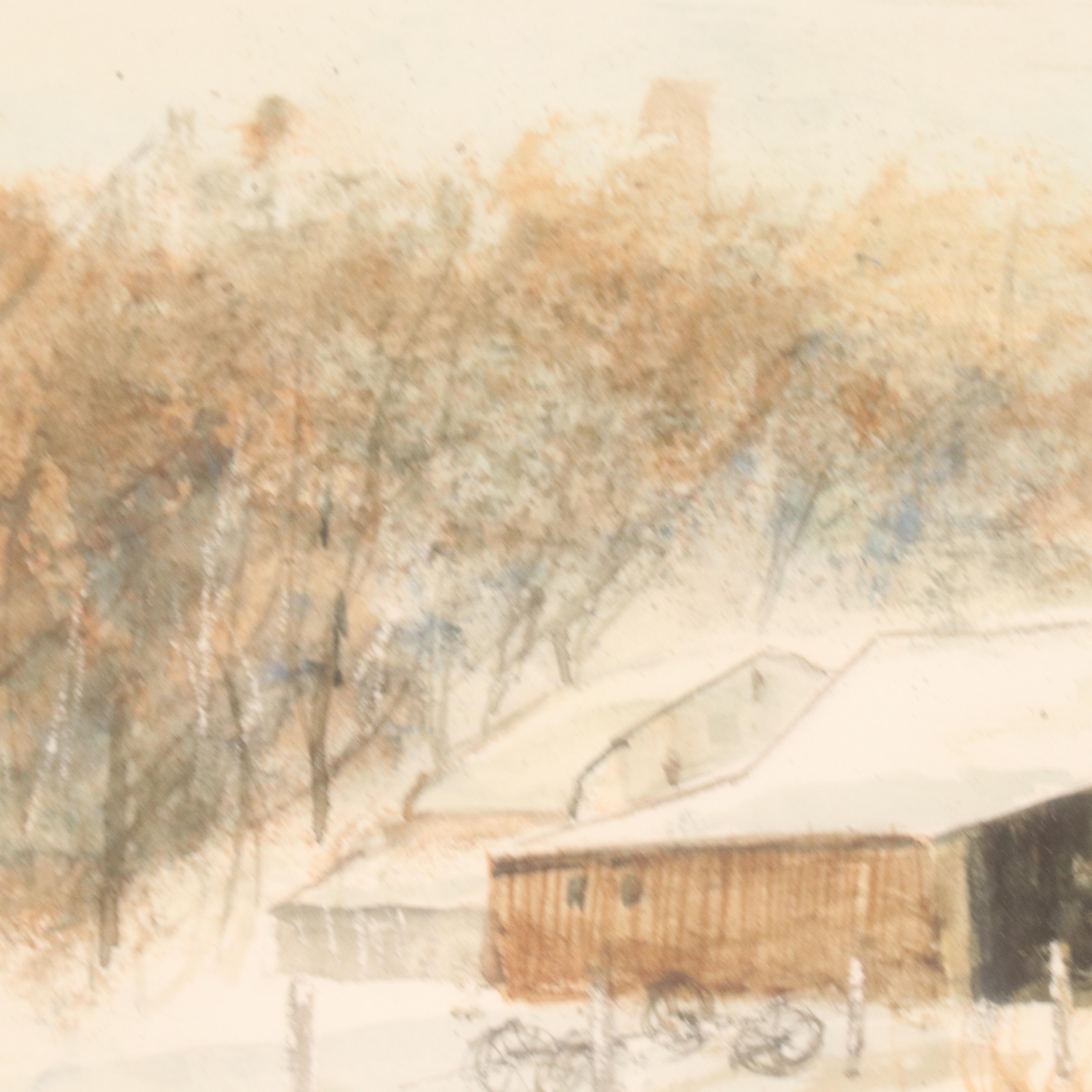 Rural Winter Landscape Watercolor Painting of Farmhouse