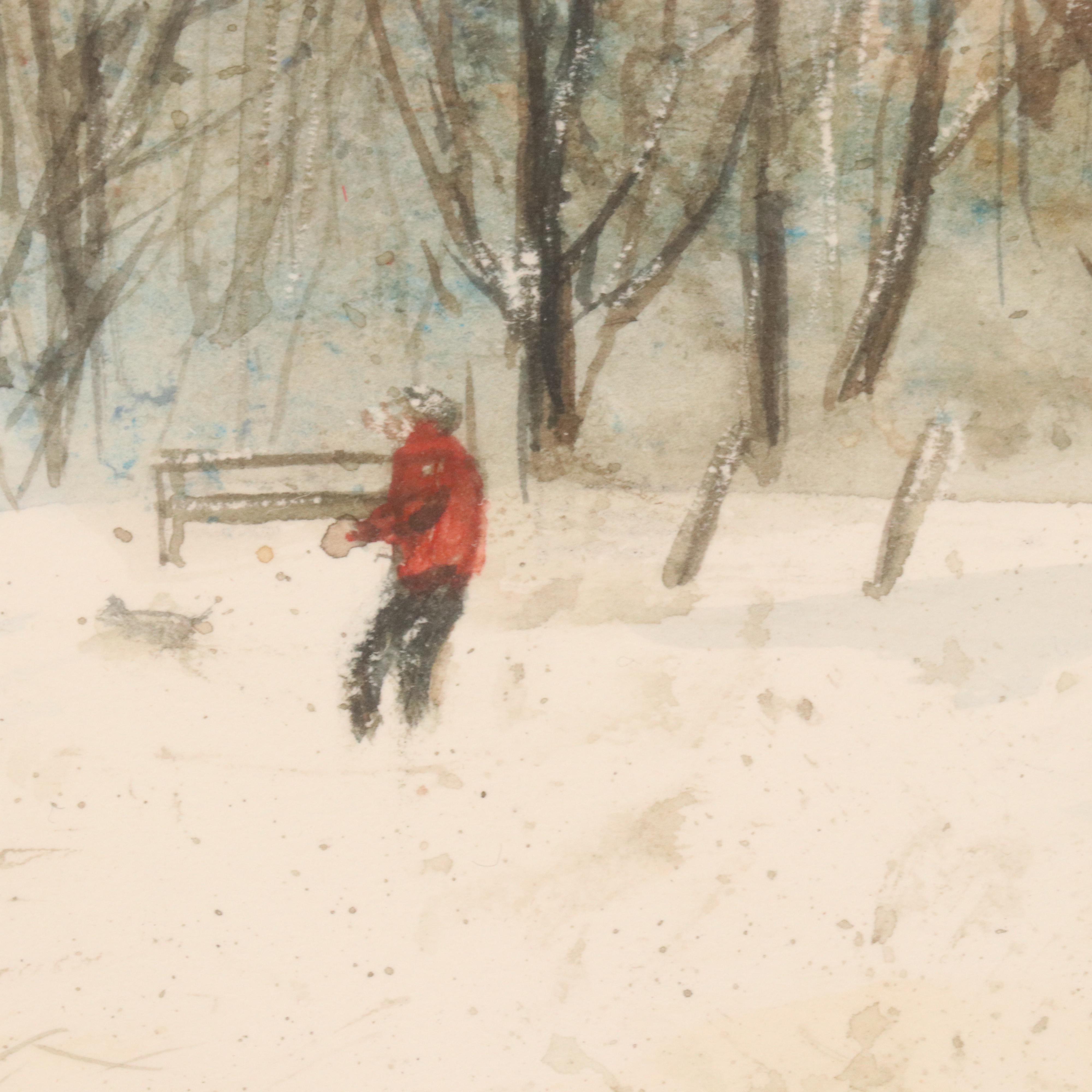 Rural Winter Landscape Watercolor Painting of Farmhouse