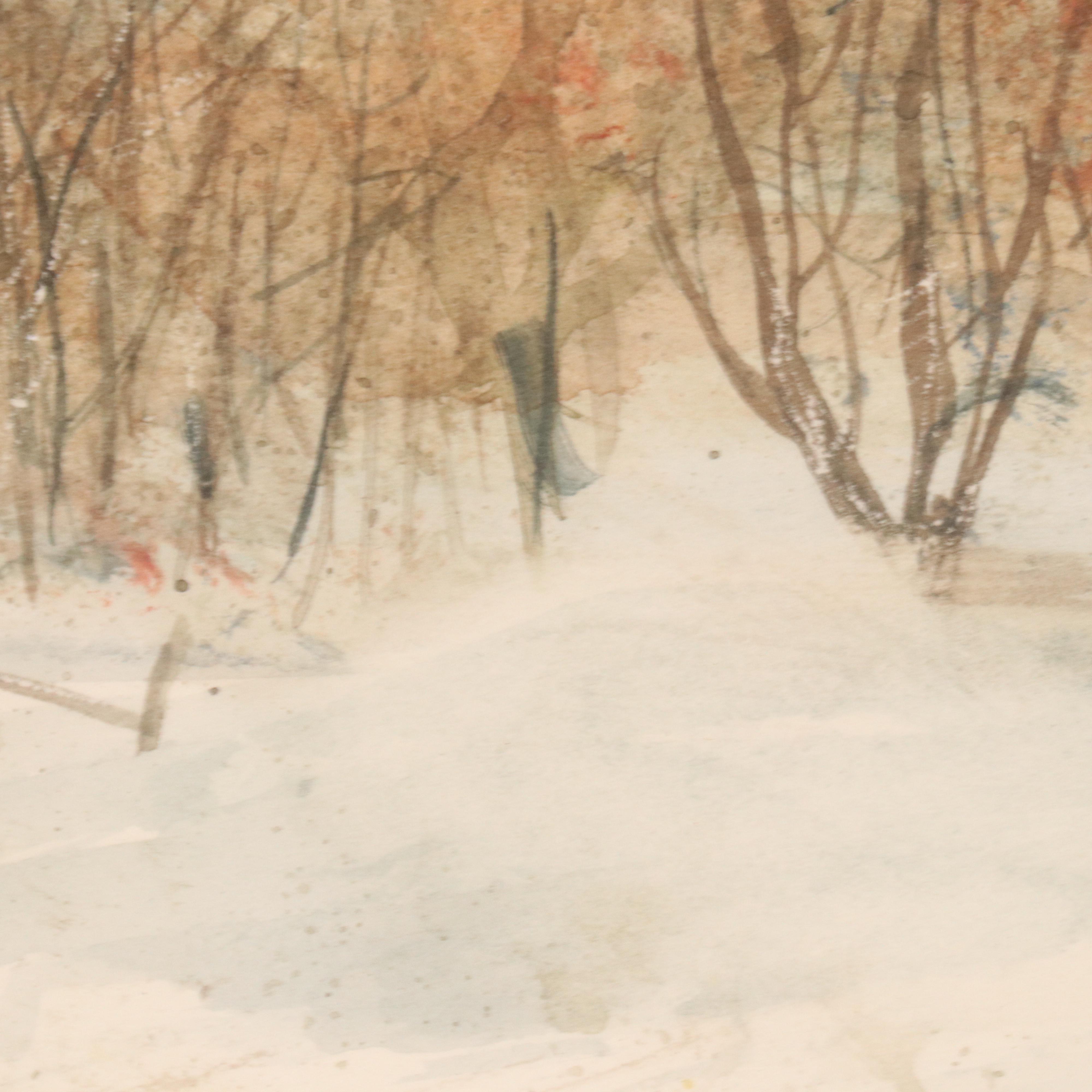 Rural Winter Landscape Watercolor Painting of Farmhouse