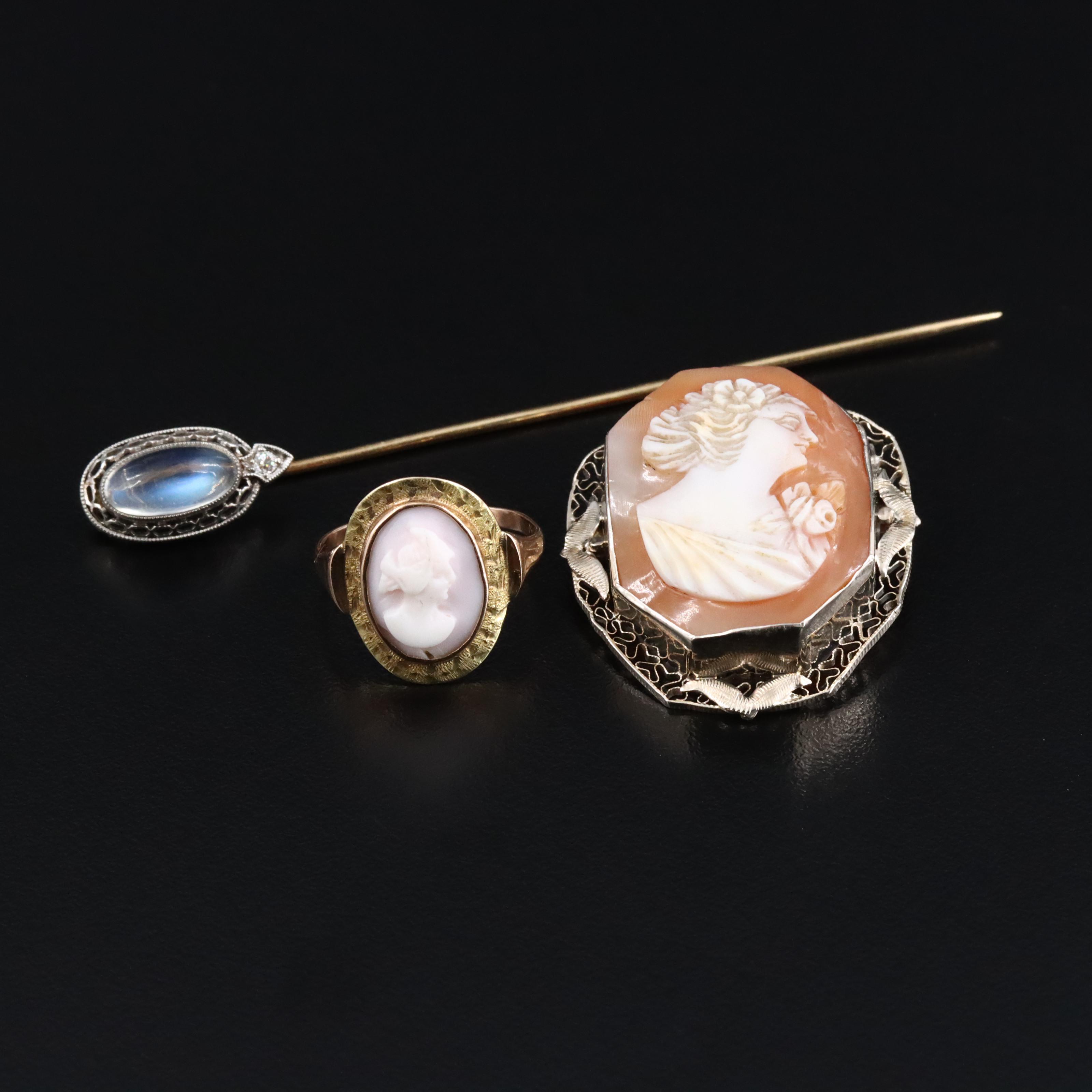 10K, 14K, Platinum, Shell Cameos and Moonstone Featured in Vintage Jewelry