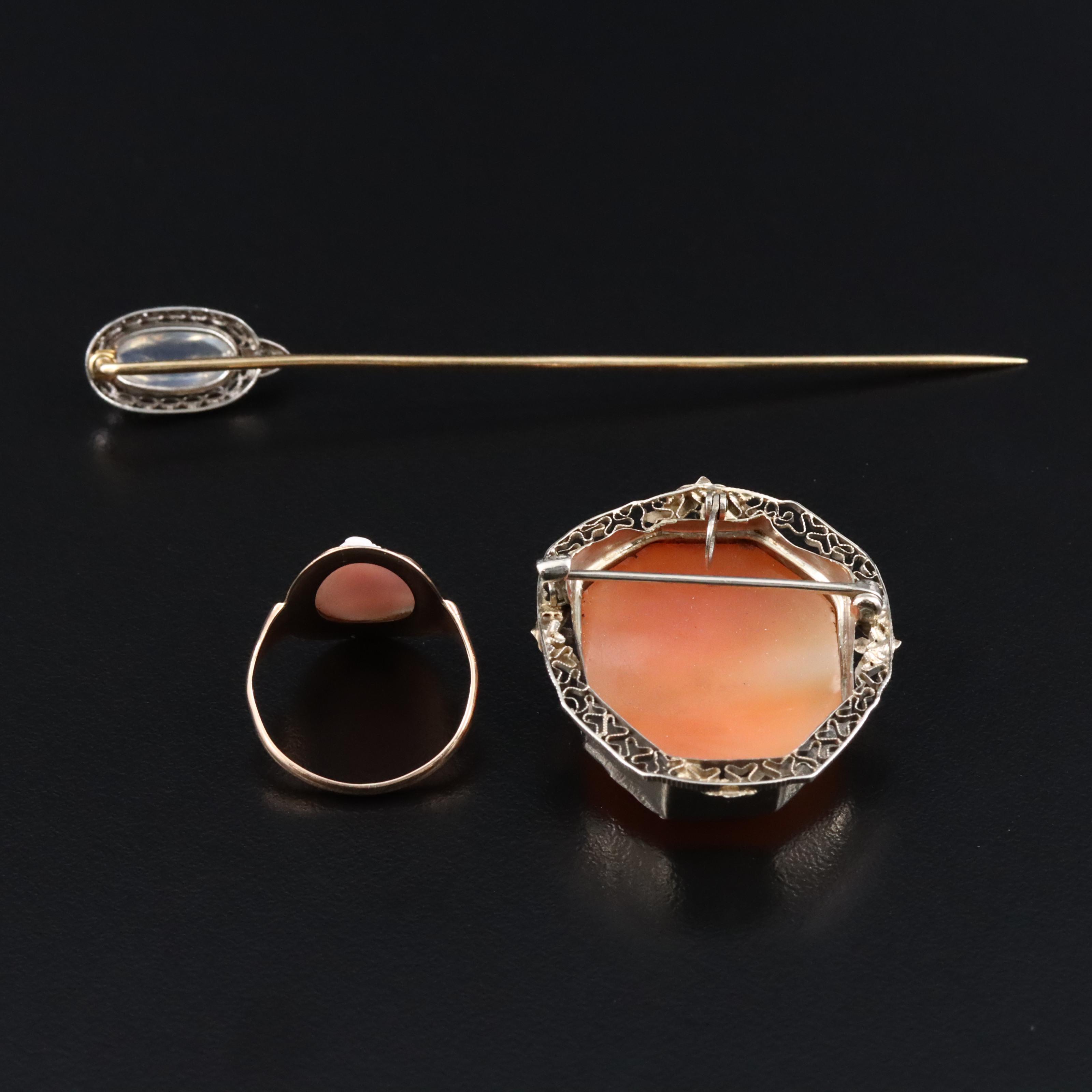 10K, 14K, Platinum, Shell Cameos and Moonstone Featured in Vintage Jewelry