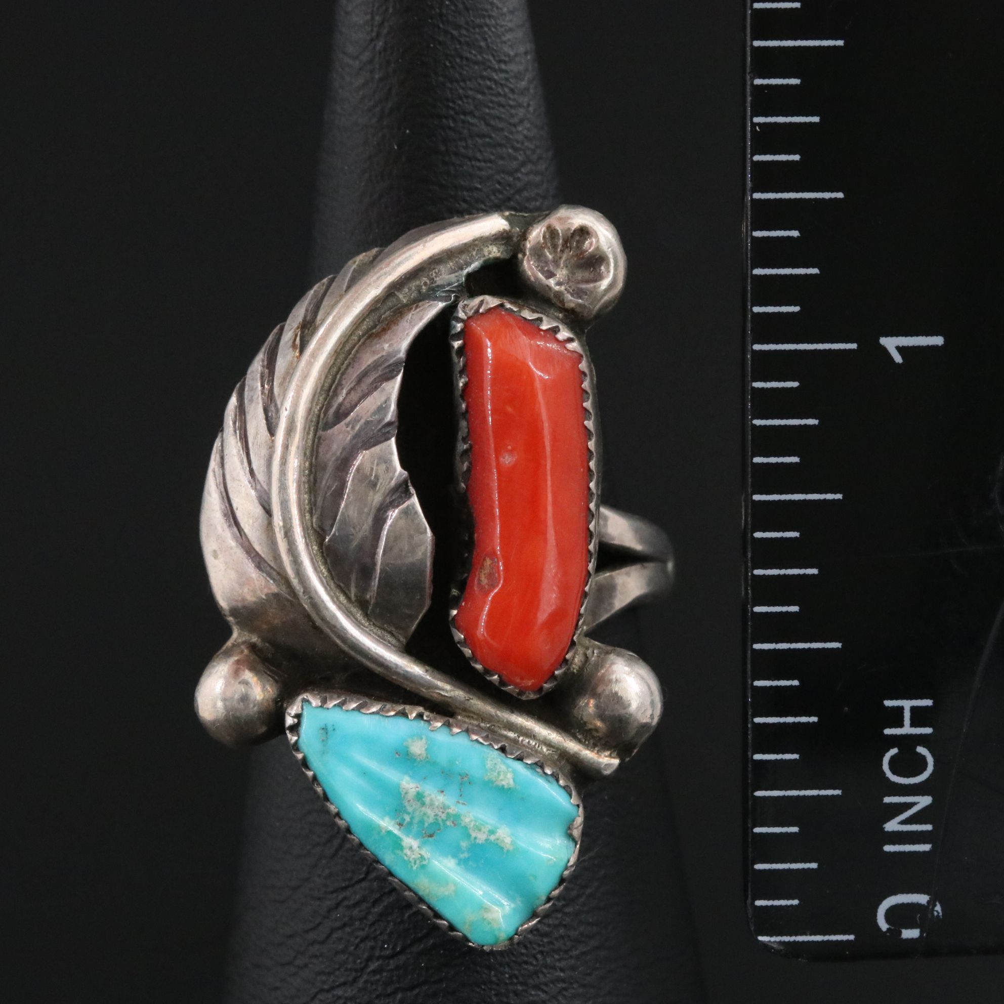 Charlotte Eustace Zuni Sterling Turquoise and Coral Ring