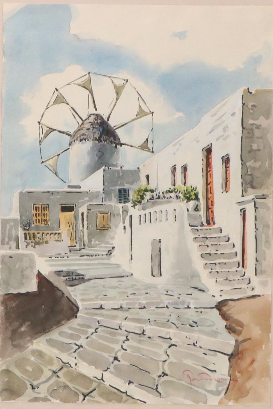 Mykonos Cityscape Watercolor Painting of Windmill, Late 20th Century