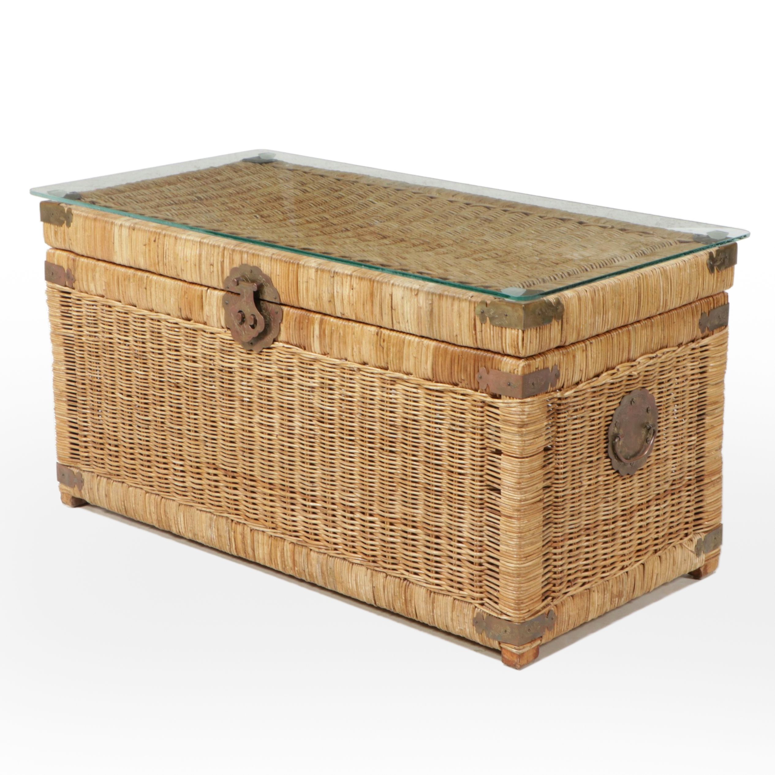 Chinese Style Brass Mounted Wicker Rattan Chest Coffee Table