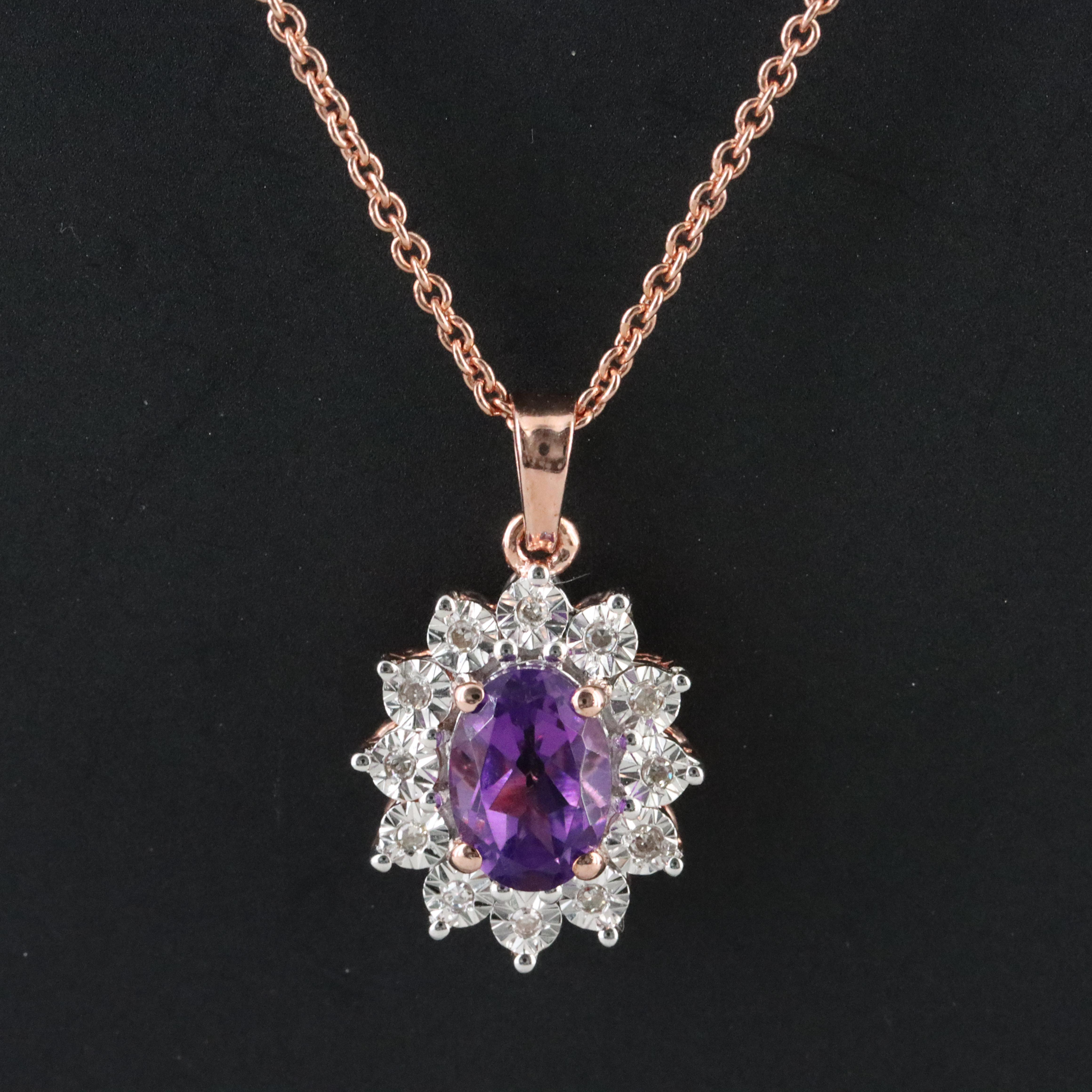 Sterling Amethyst and Diamond Halo Pendant Necklace in Rose Tone