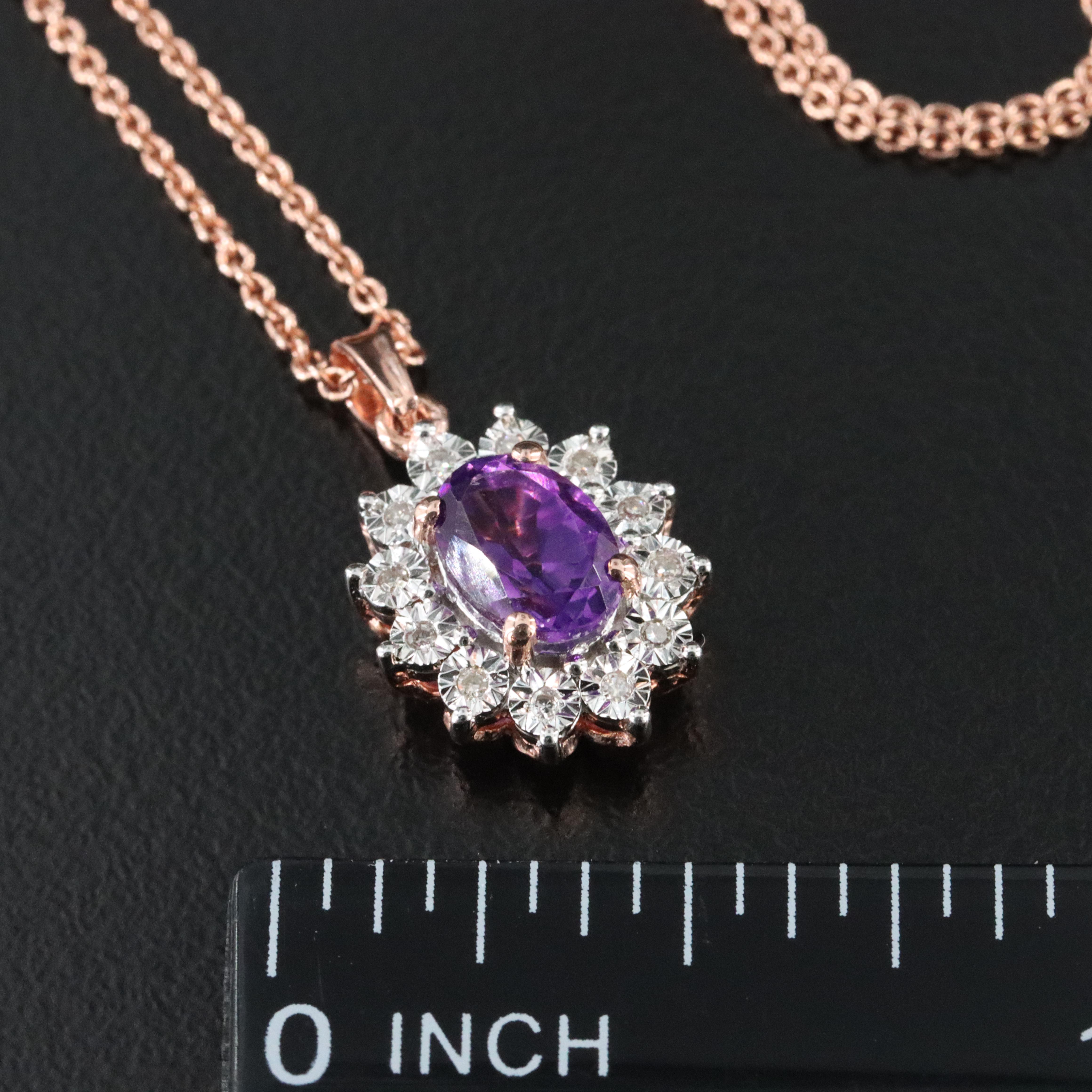 Sterling Amethyst and Diamond Halo Pendant Necklace in Rose Tone