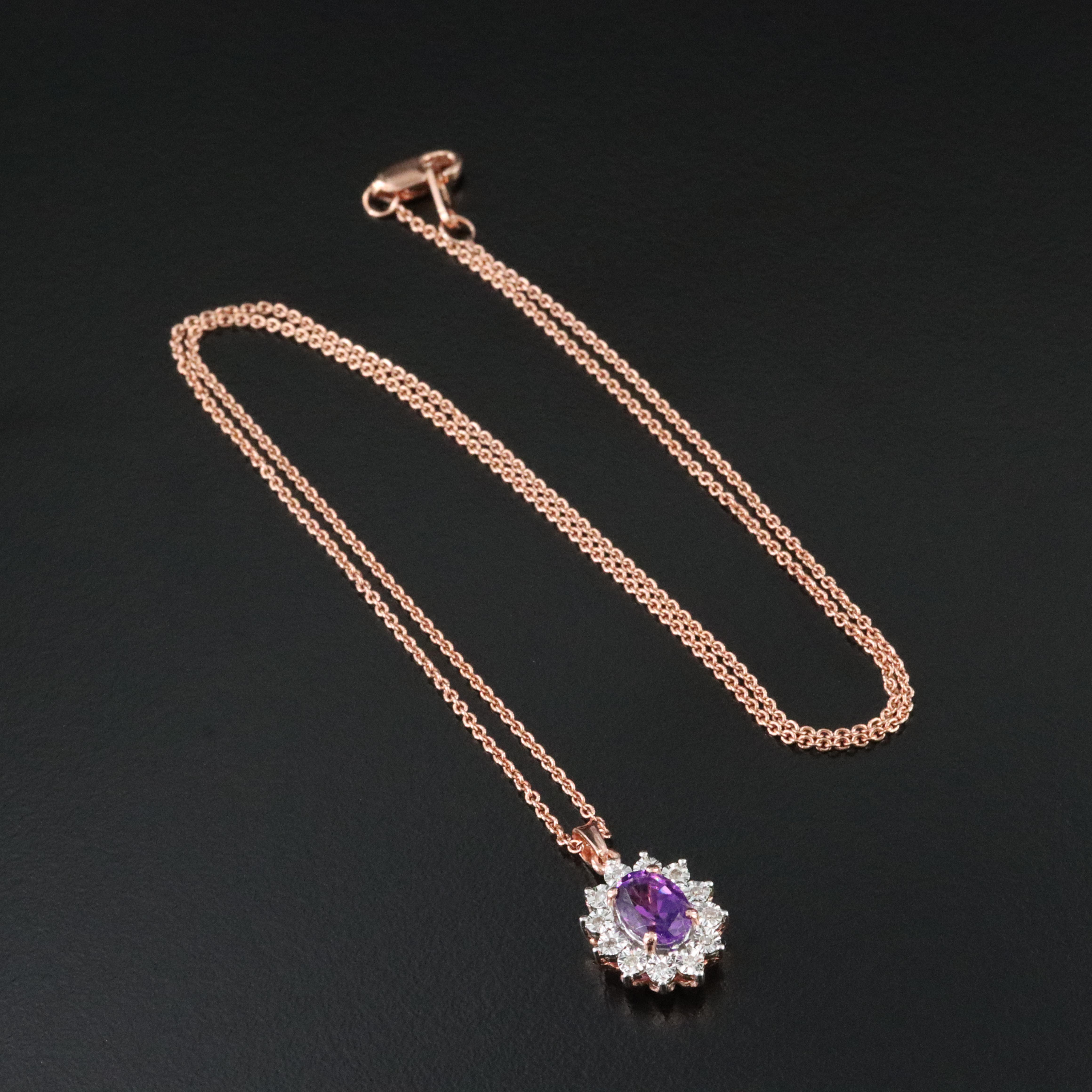 Sterling Amethyst and Diamond Halo Pendant Necklace in Rose Tone