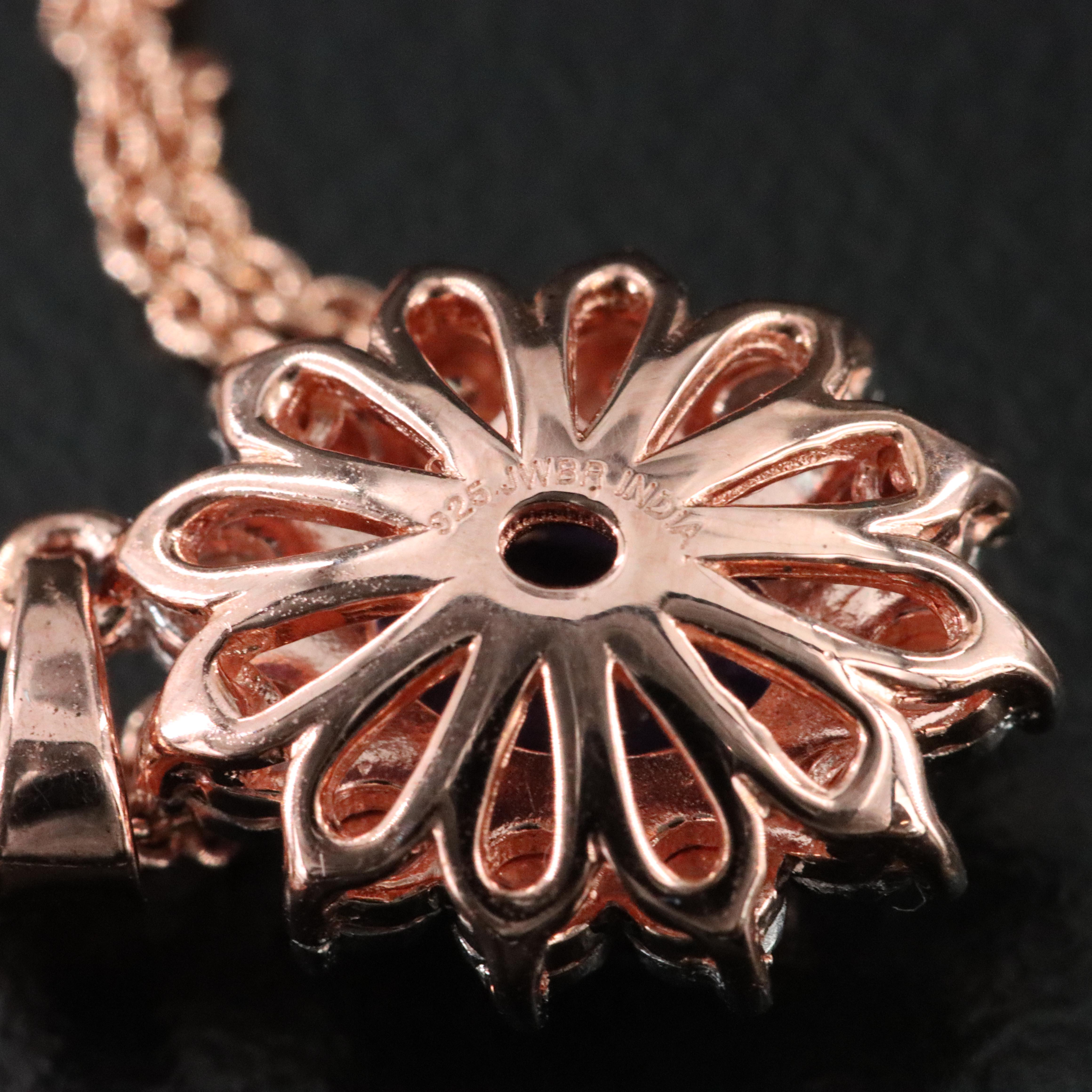 Sterling Amethyst and Diamond Halo Pendant Necklace in Rose Tone