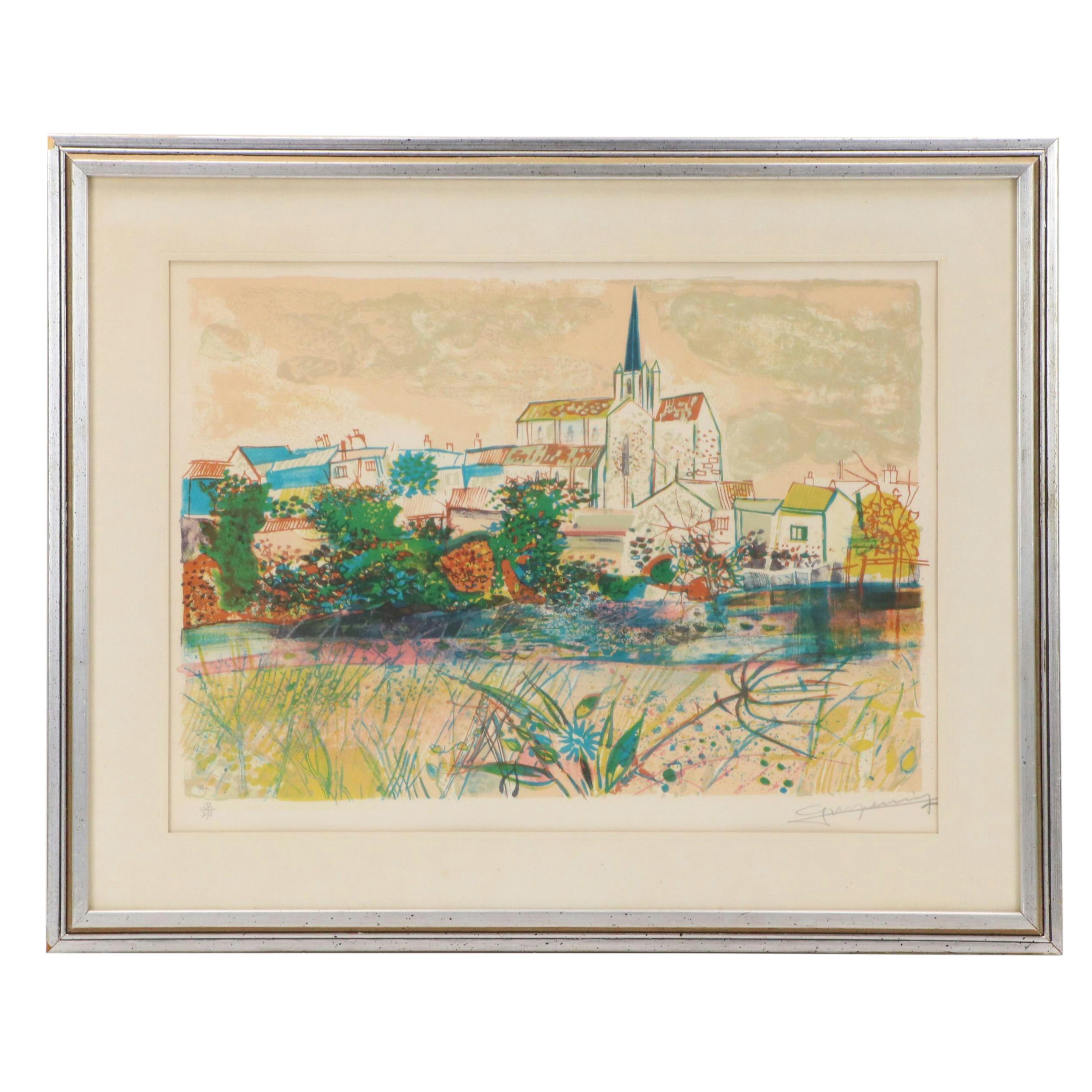 Expressionistic Style Lithograph of European Village Scene with Cathedral