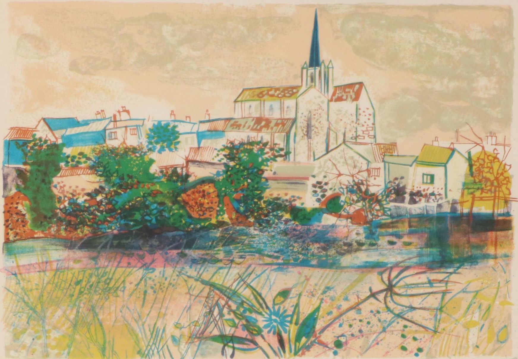 Expressionistic Style Lithograph of European Village Scene with Cathedral