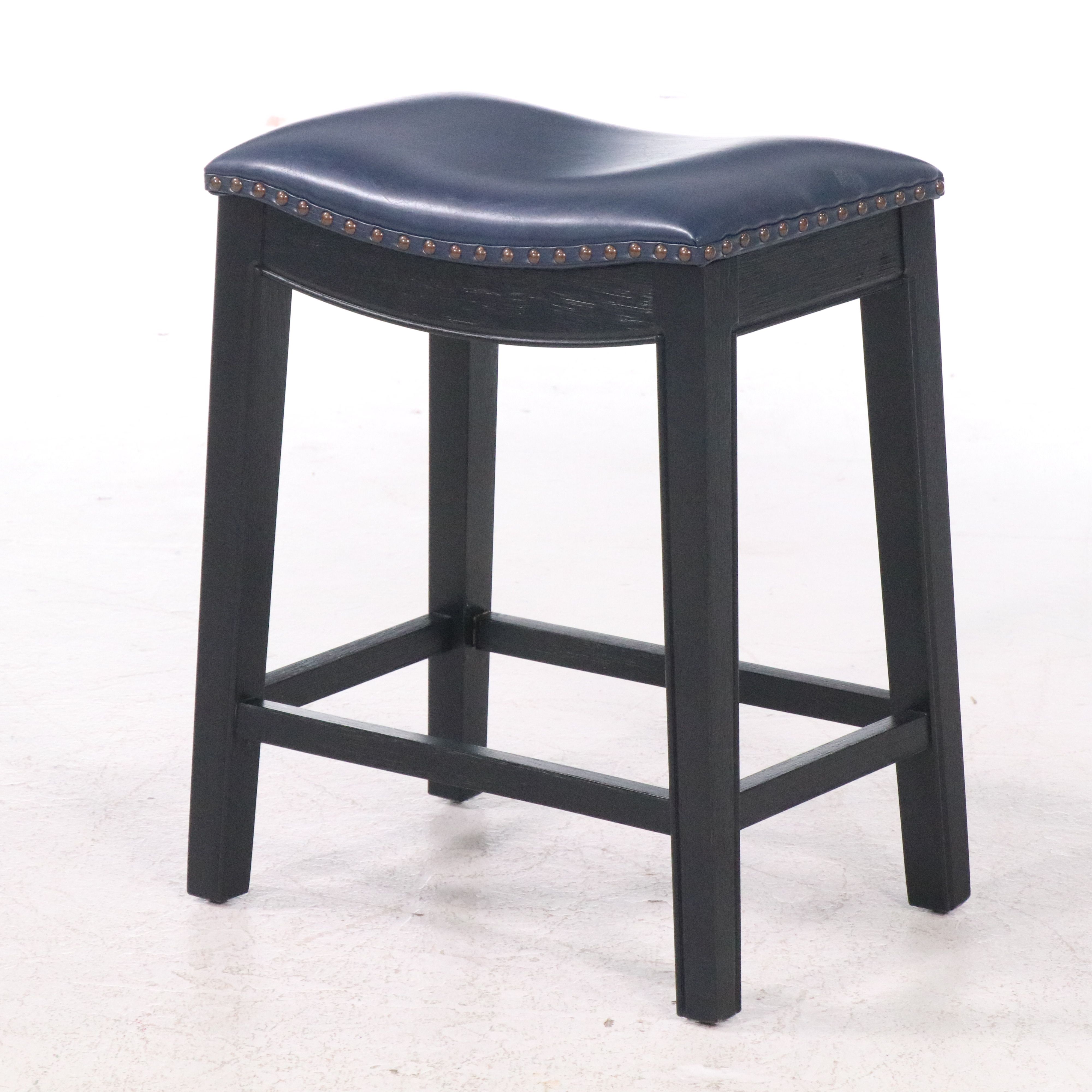 Set of Three Blue Faux Leather Upholstered Ebonized Wood Barstools