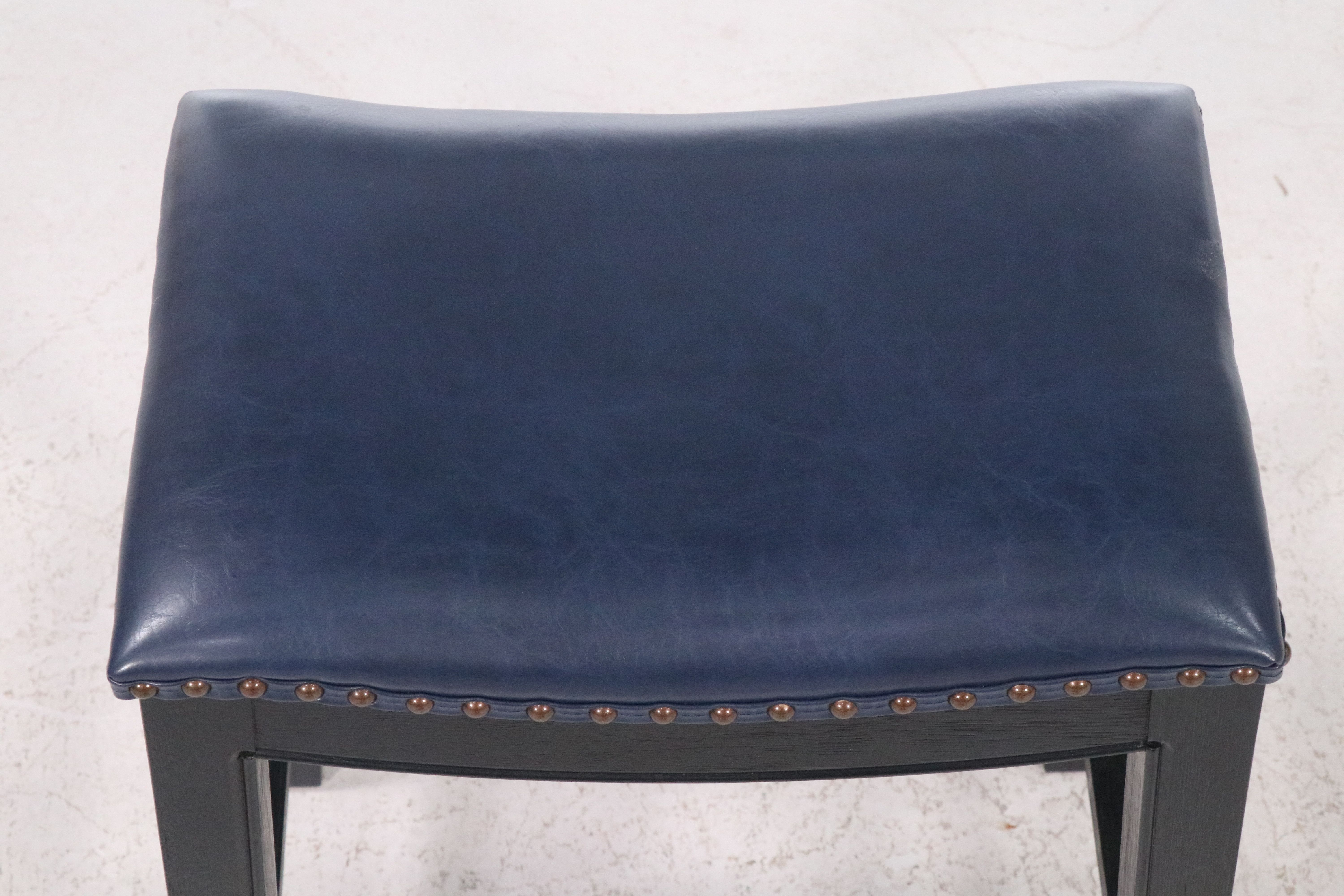 Set of Three Blue Faux Leather Upholstered Ebonized Wood Barstools