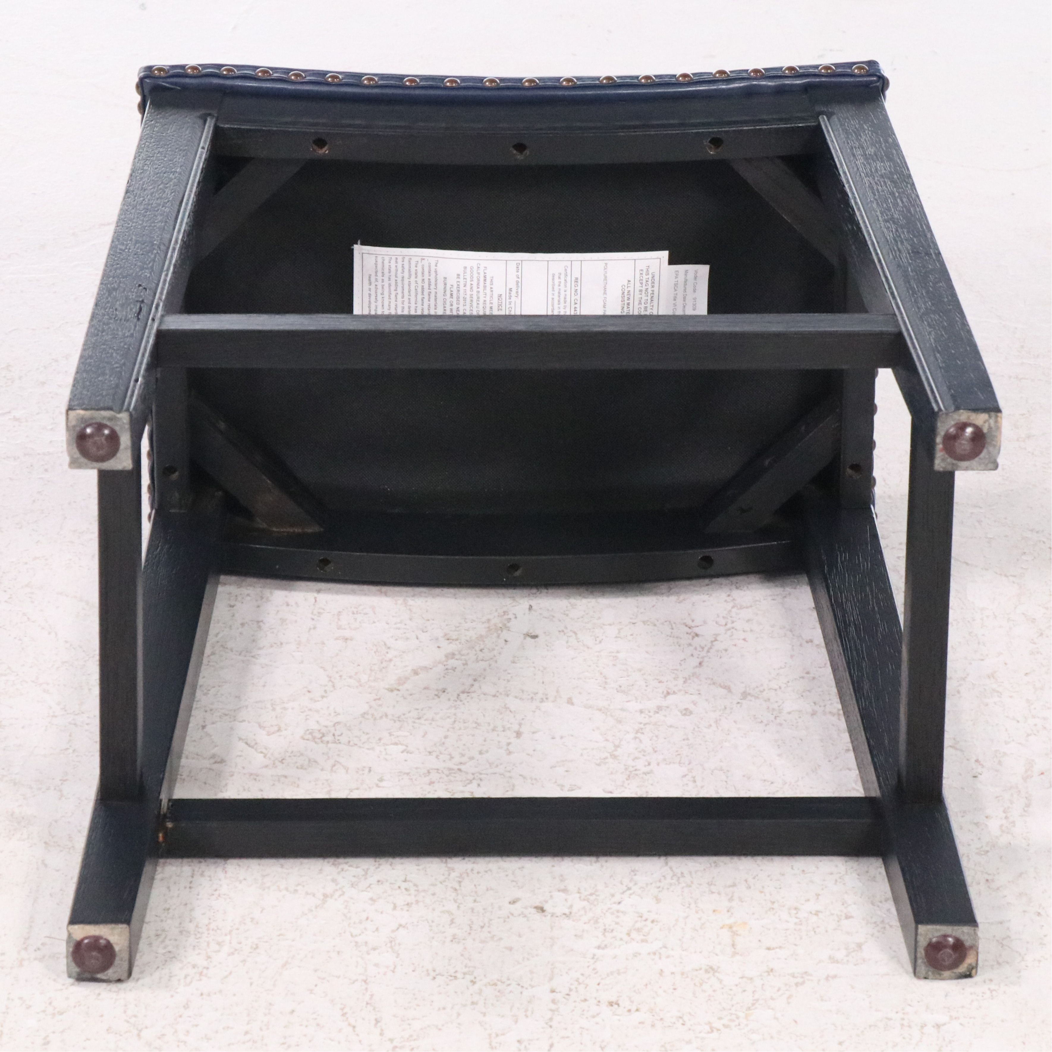 Set of Three Blue Faux Leather Upholstered Ebonized Wood Barstools