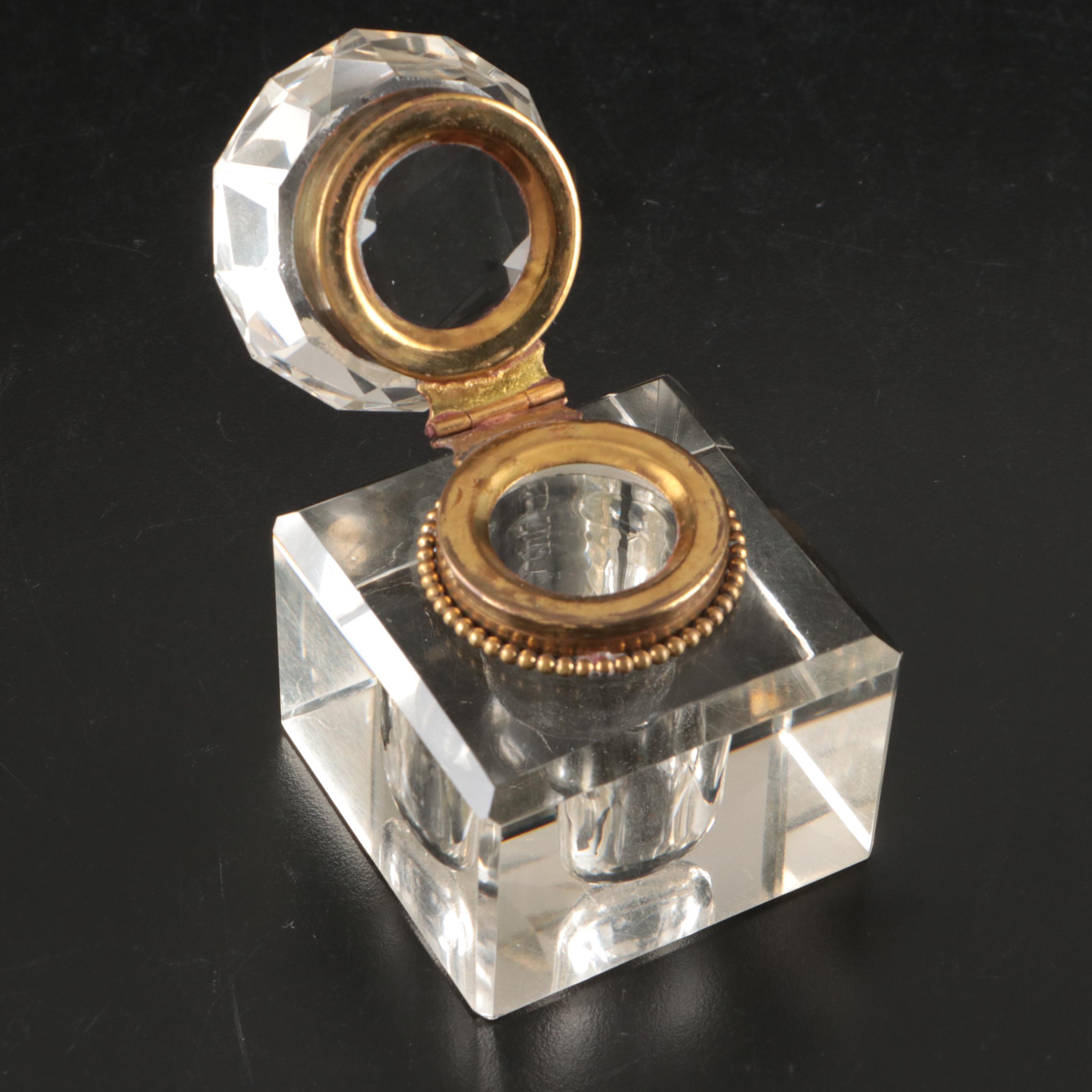 Victorian Glass and Brass Inkwells, Late 19th/Early 20th Century