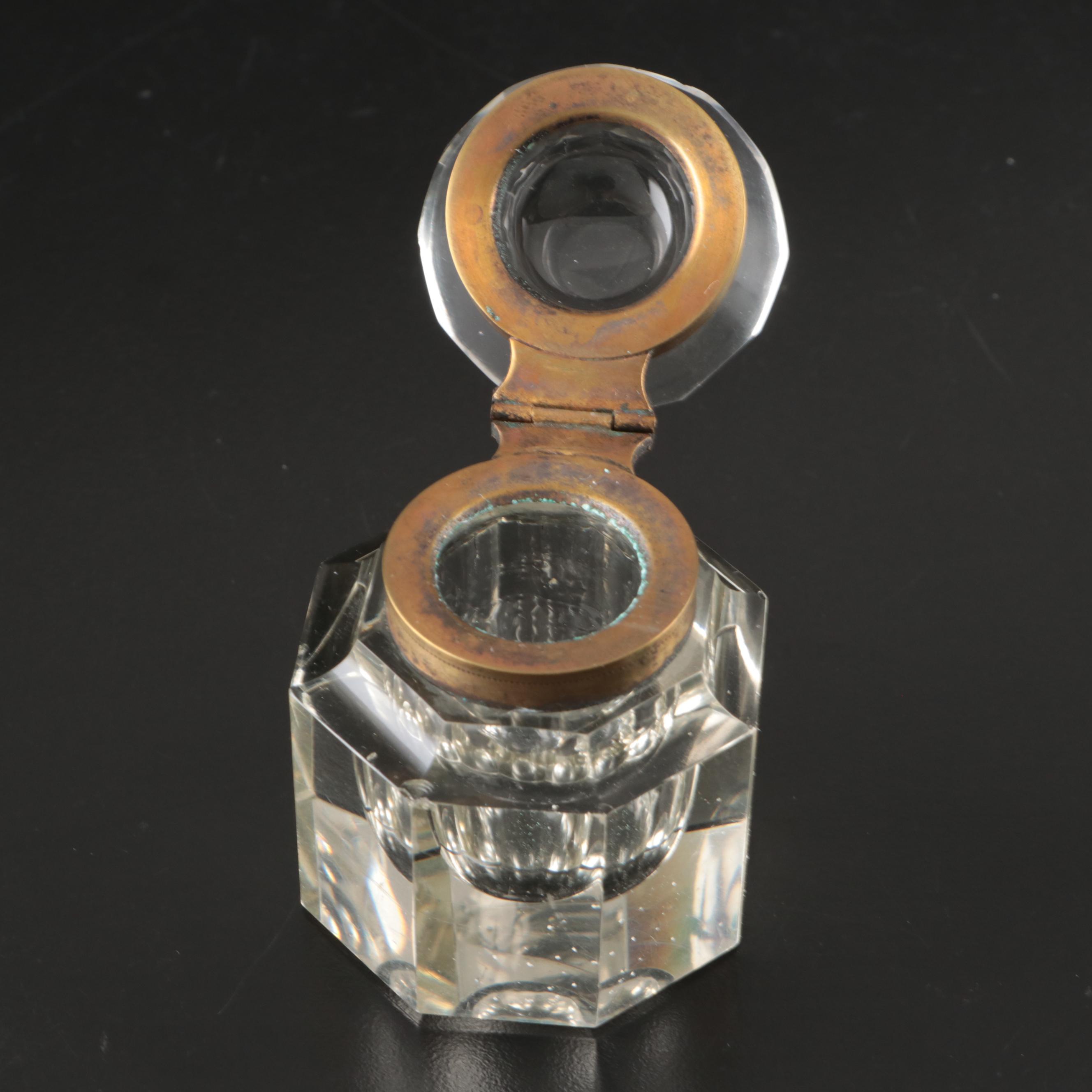 Victorian Glass and Brass Inkwells, Late 19th/Early 20th Century