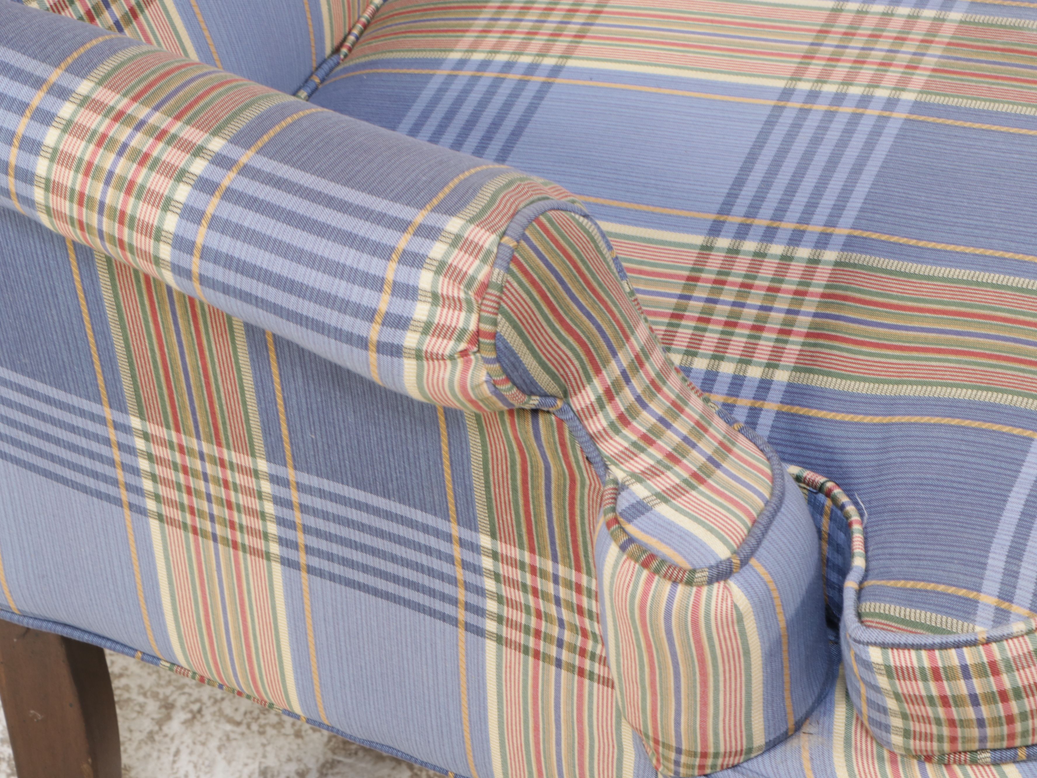 Queen Anne Style Plaid Fabric Upholstered Wingback Armchair