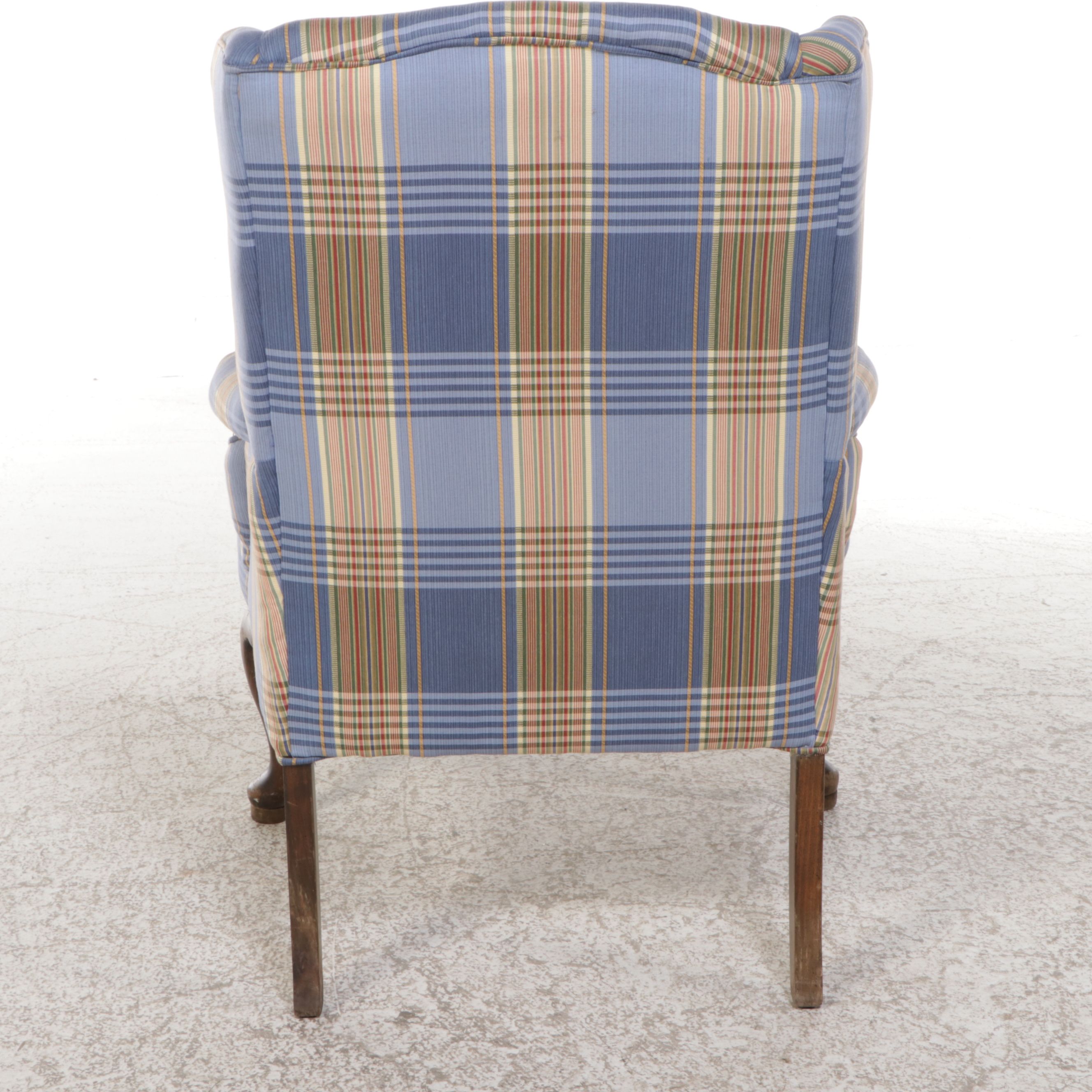 Queen Anne Style Plaid Fabric Upholstered Wingback Armchair