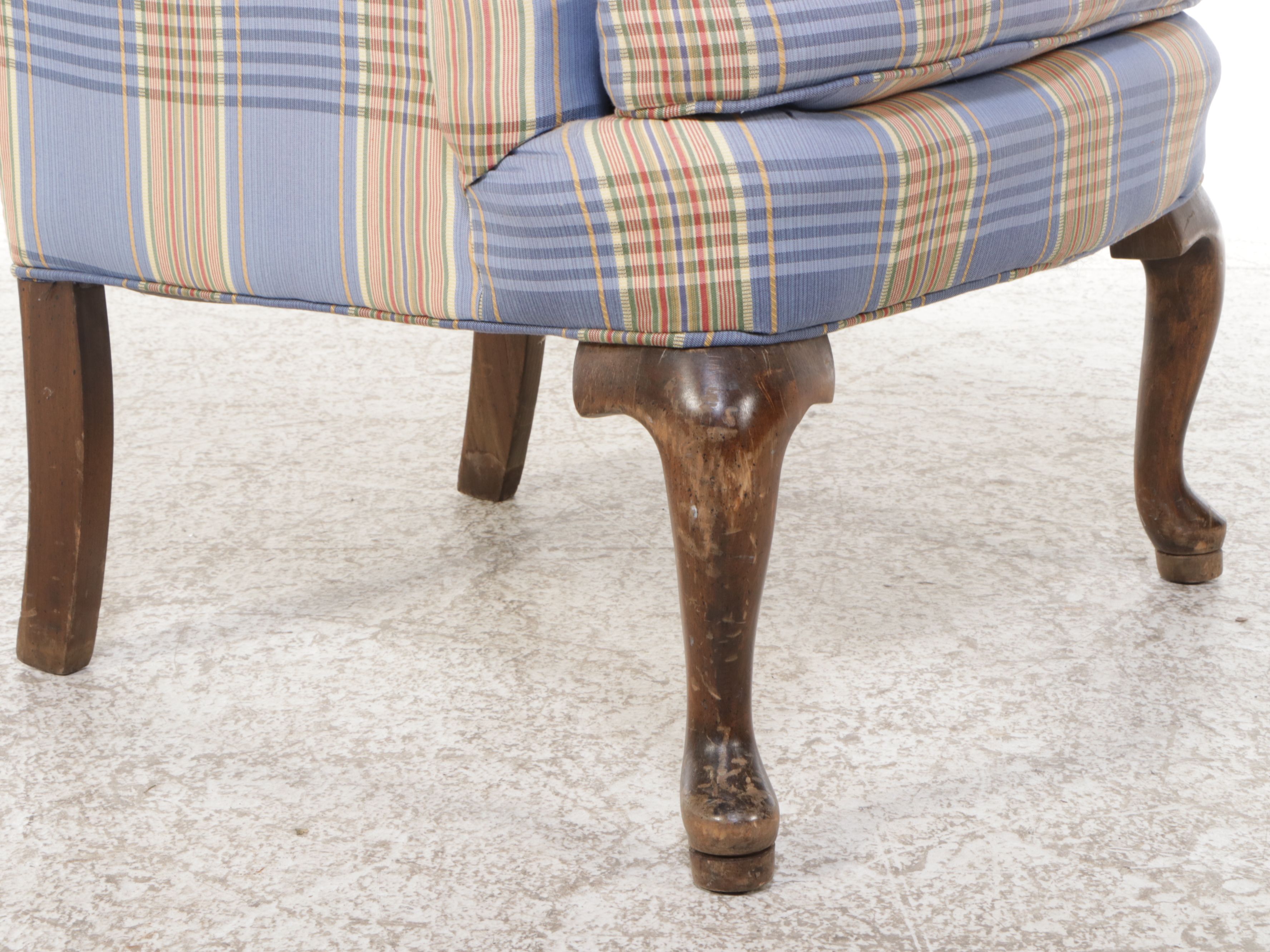 Queen Anne Style Plaid Fabric Upholstered Wingback Armchair