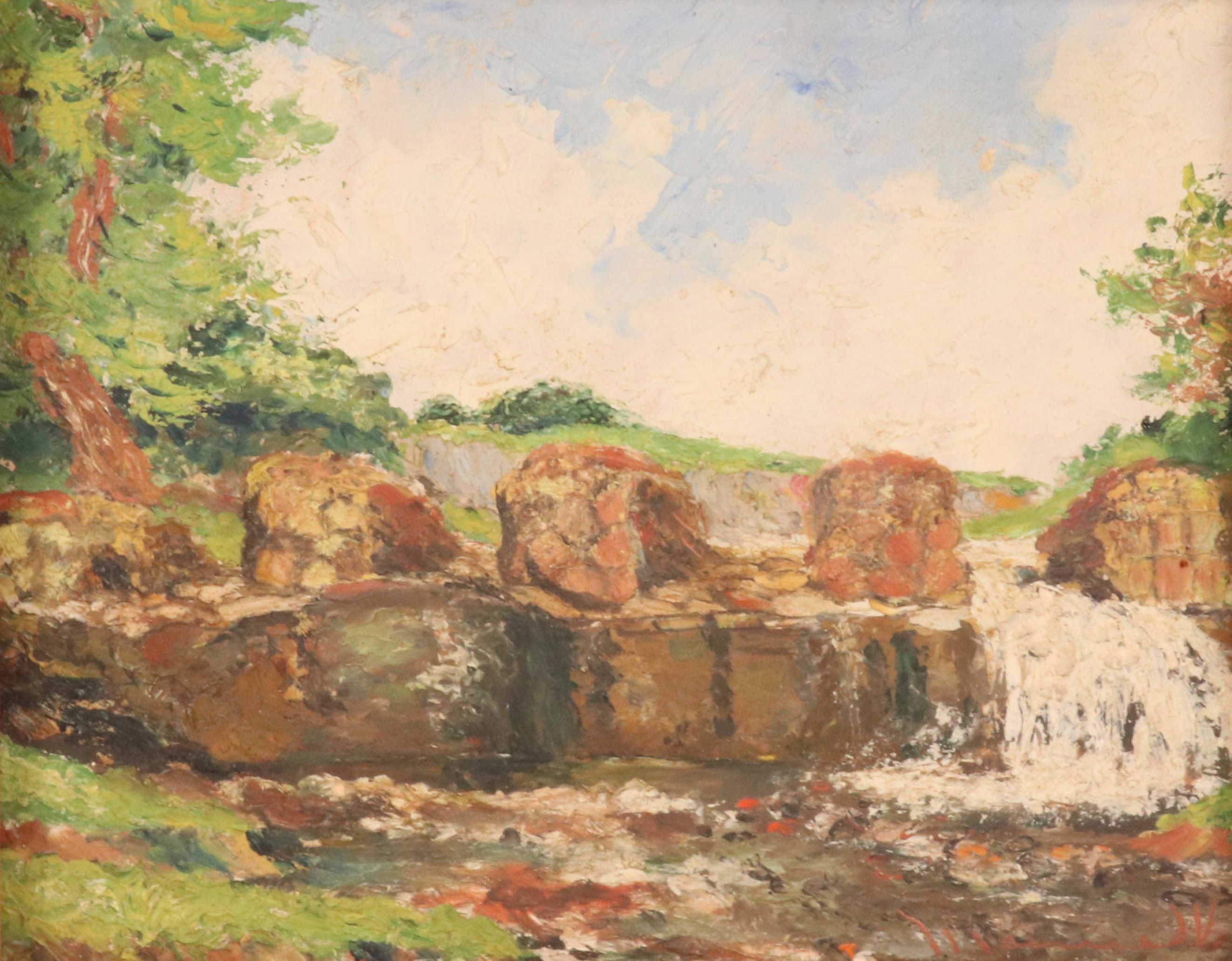 Waterfall Landscape Oil Painting, Mid-20th Century