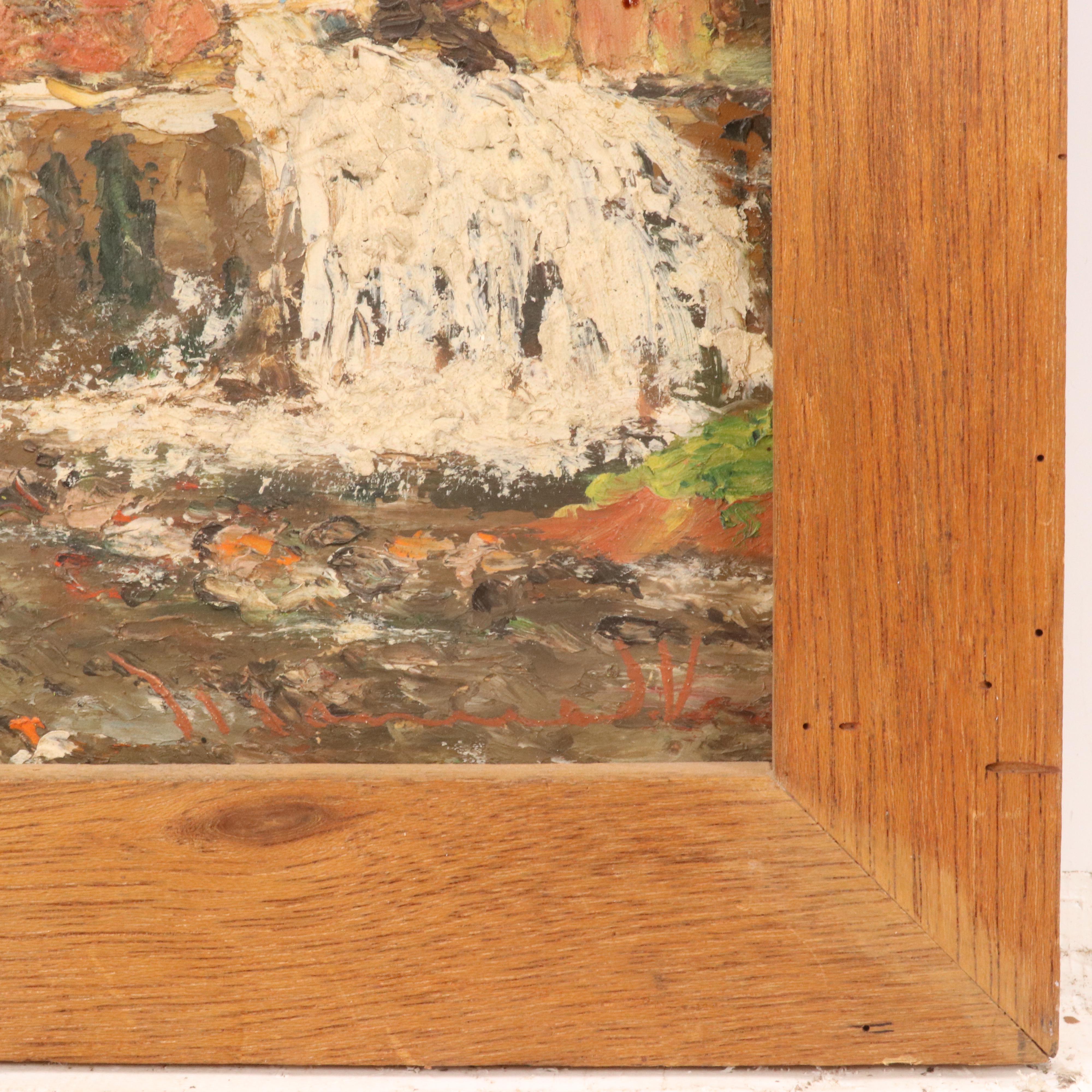 Waterfall Landscape Oil Painting, Mid-20th Century