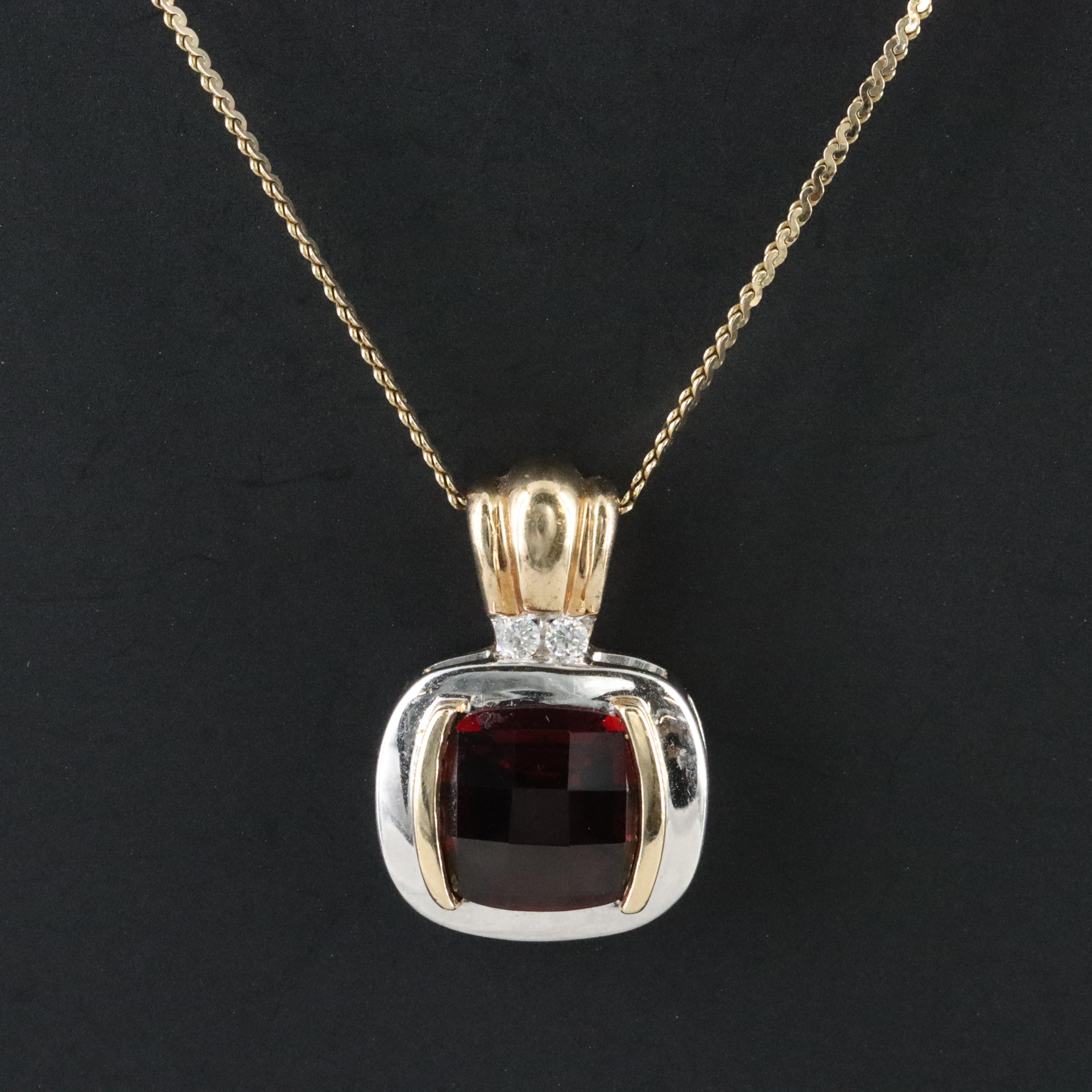 14K Two-Tone Garnet and Diamond Pendant Necklace