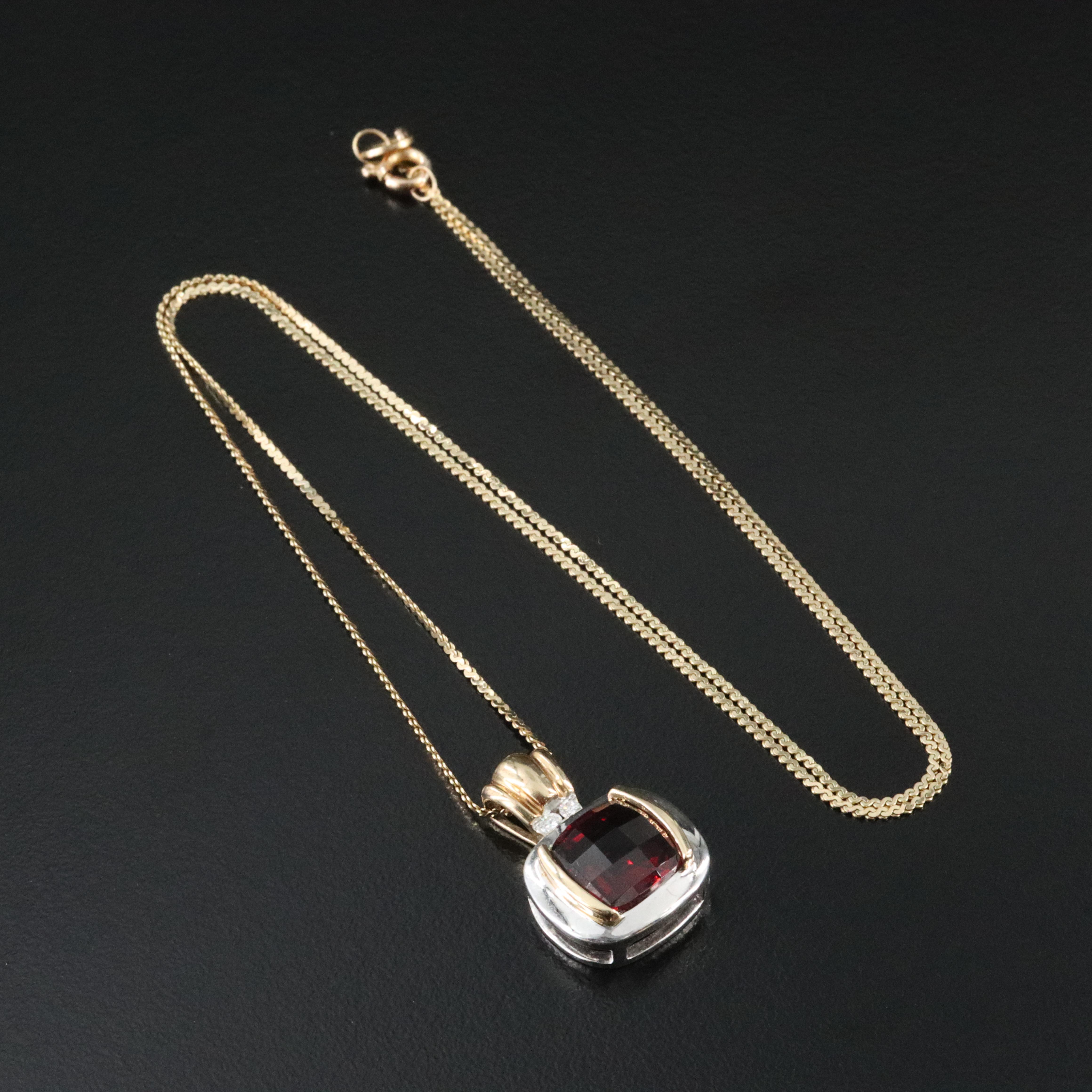 14K Two-Tone Garnet and Diamond Pendant Necklace