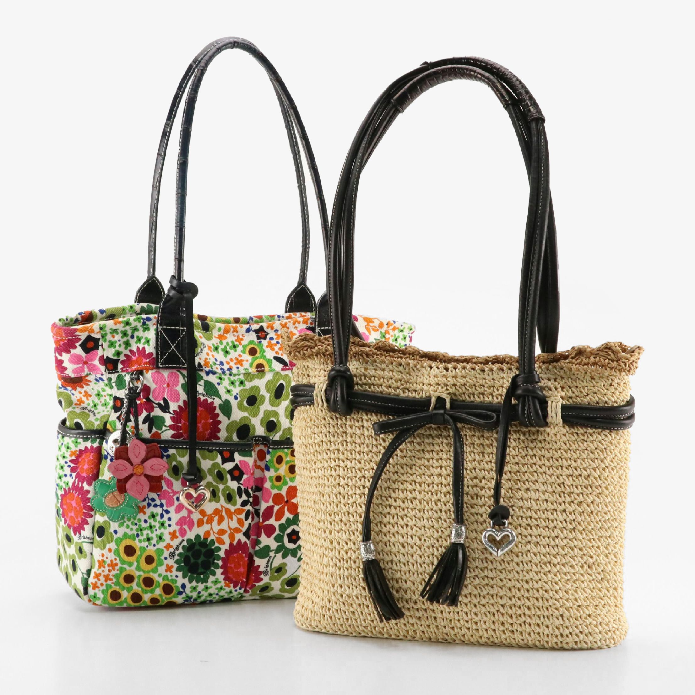 Brighton Tye Woven Raffia Shoulder Bag and Petunia Floral Textile Tote w/ Boxes
