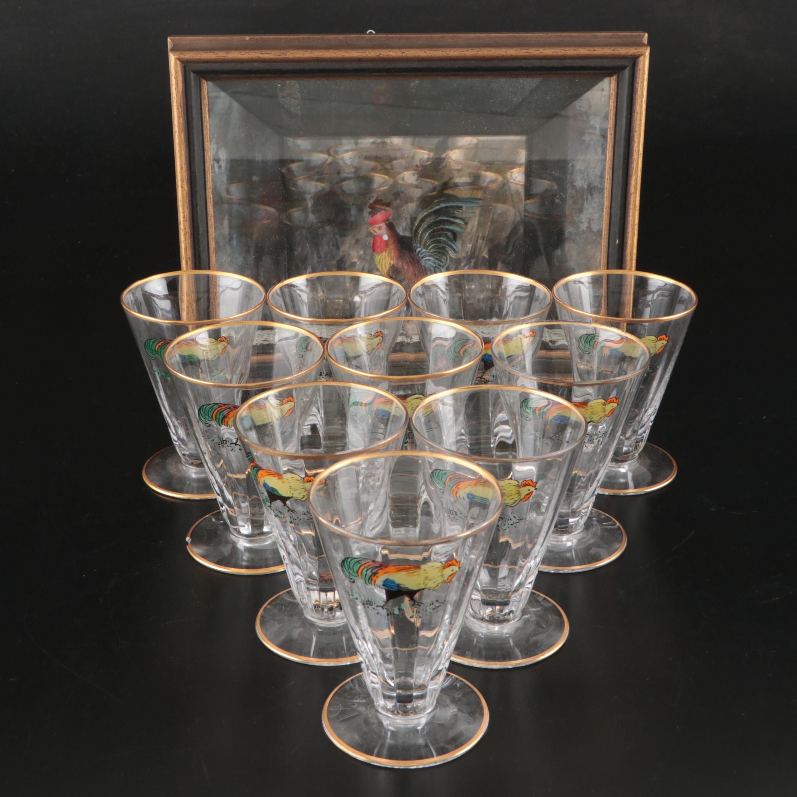 Gilt Glass Cordials with Framed Rooster Figurine