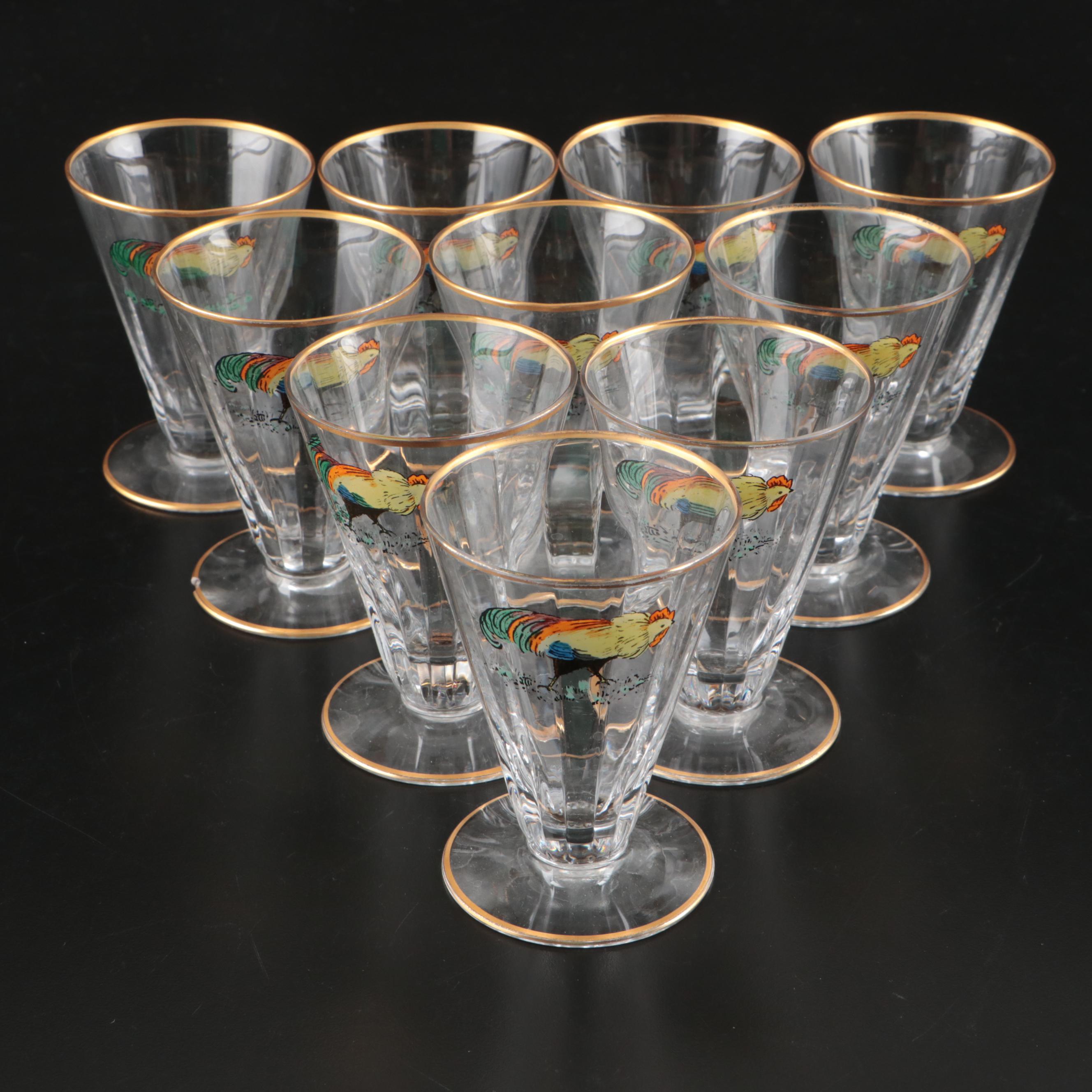 Gilt Glass Cordials with Framed Rooster Figurine