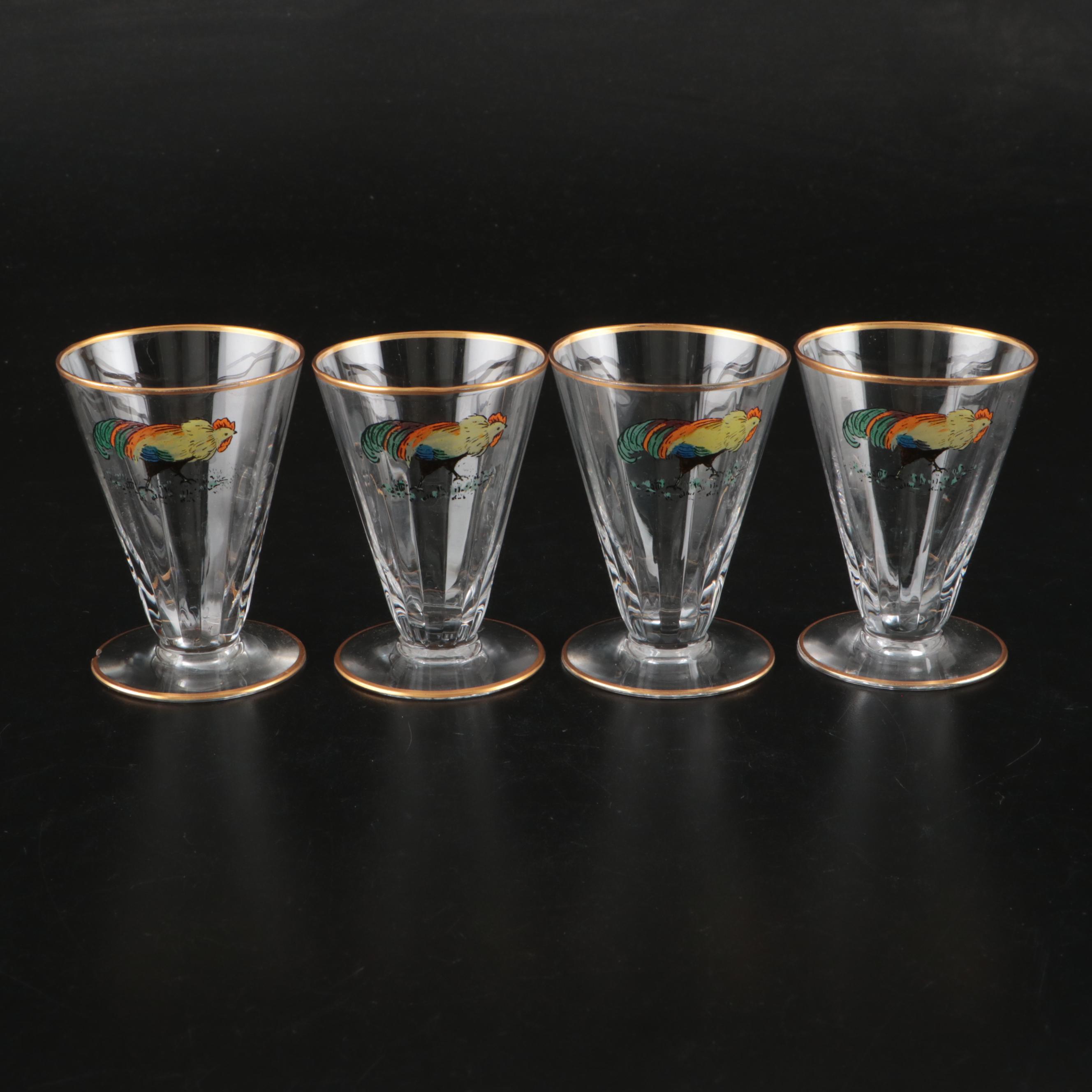 Gilt Glass Cordials with Framed Rooster Figurine