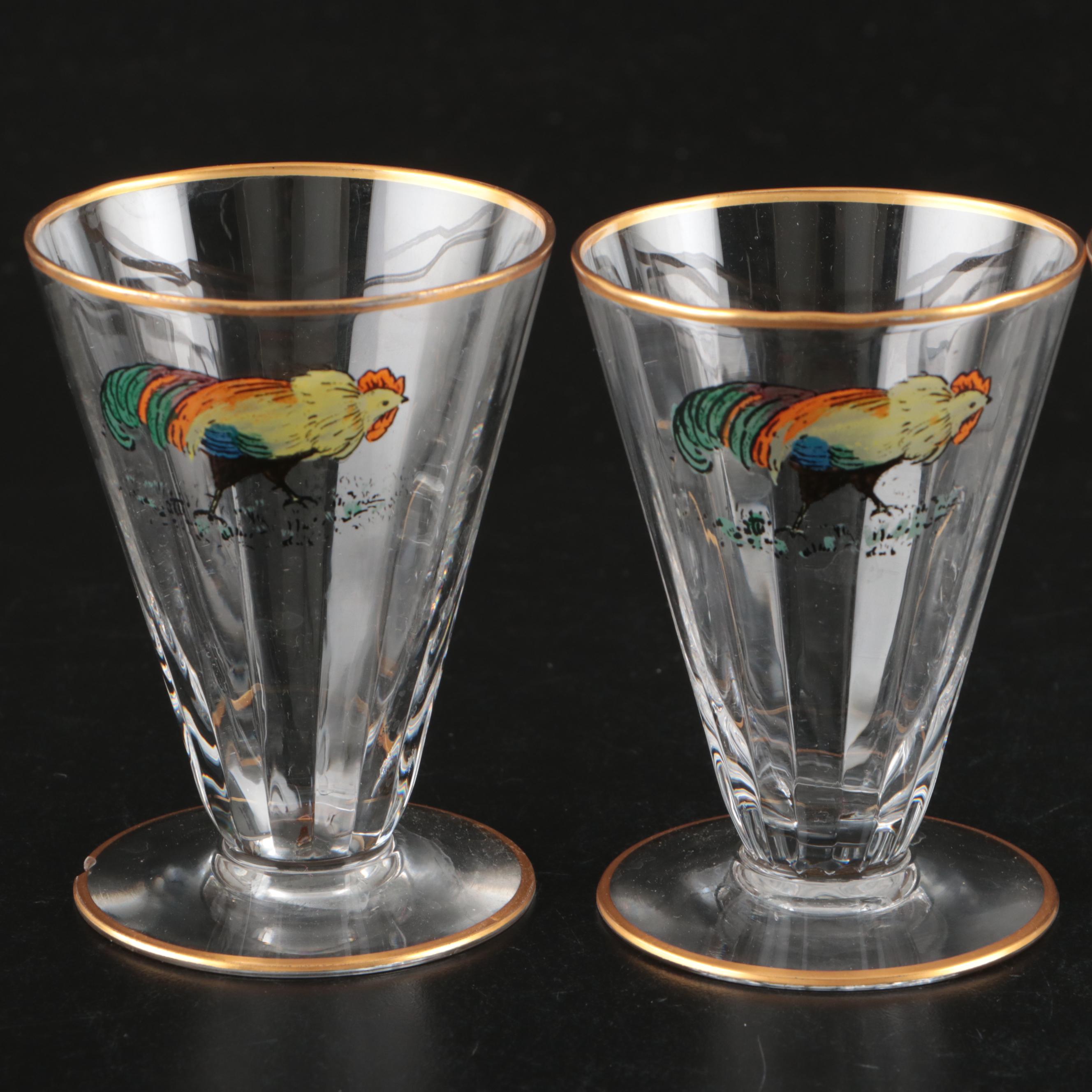 Gilt Glass Cordials with Framed Rooster Figurine