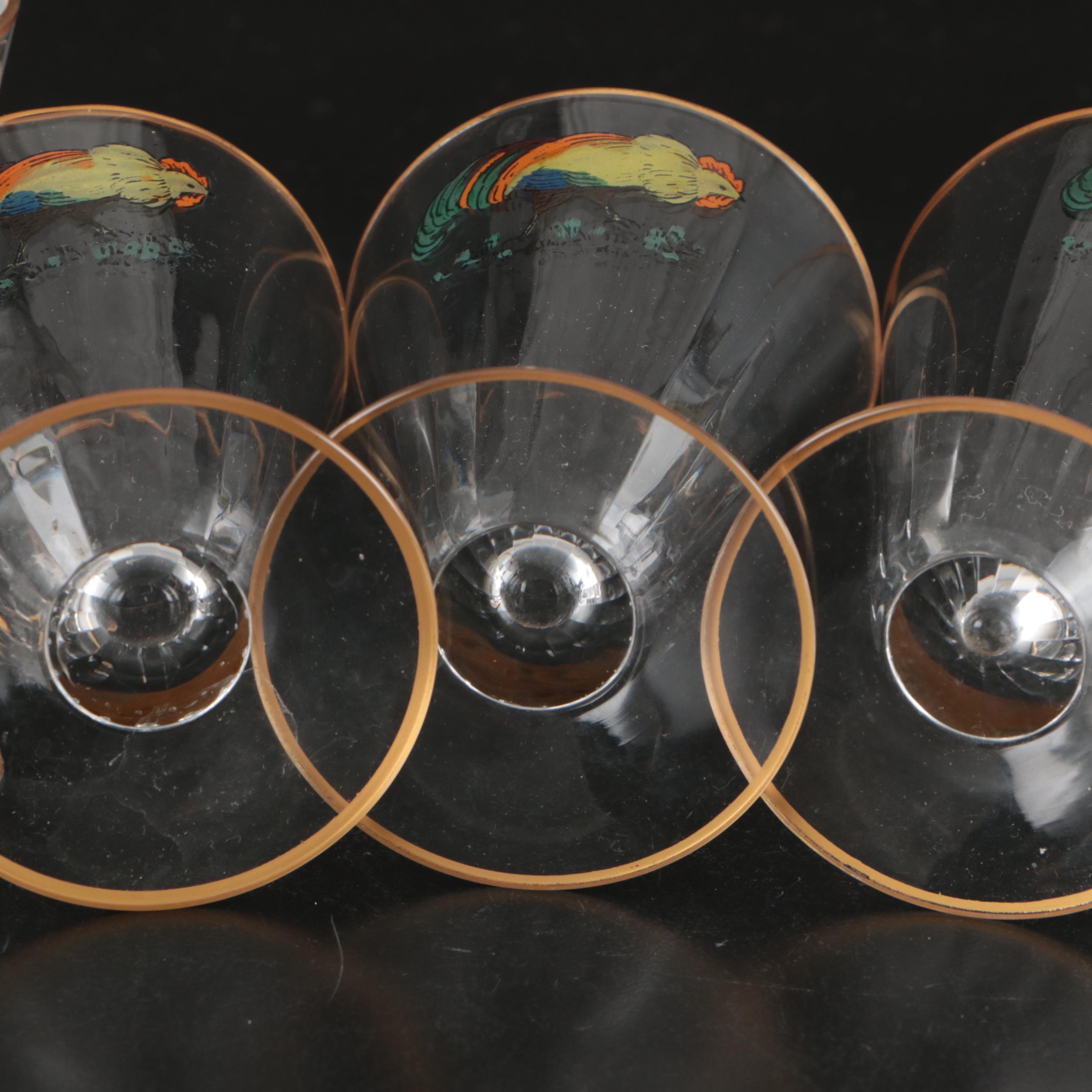 Gilt Glass Cordials with Framed Rooster Figurine