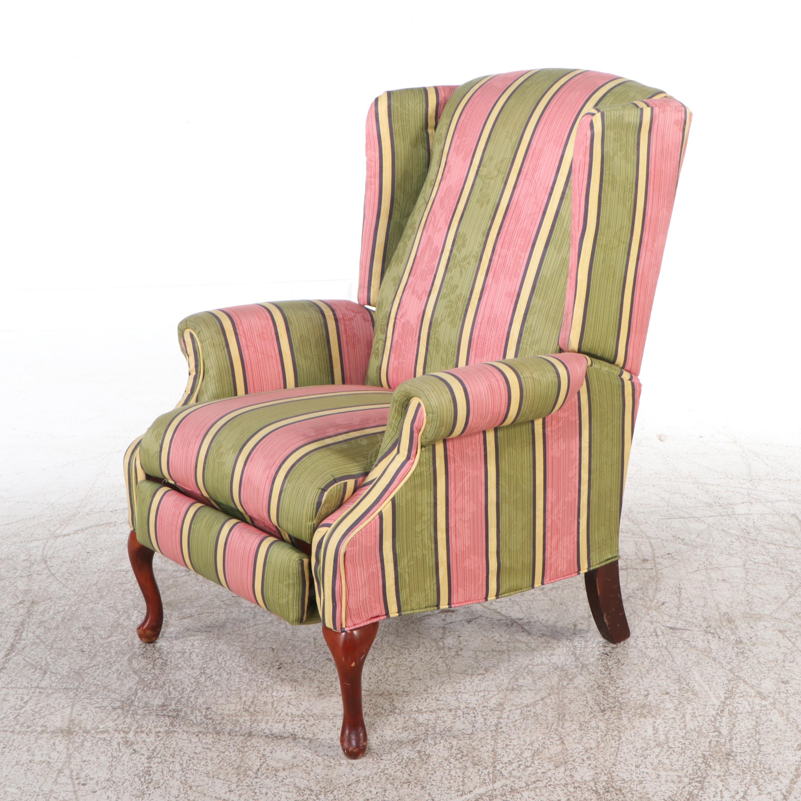 Queen Anne Style Striped Fabric Upholstered Wingback Recliner