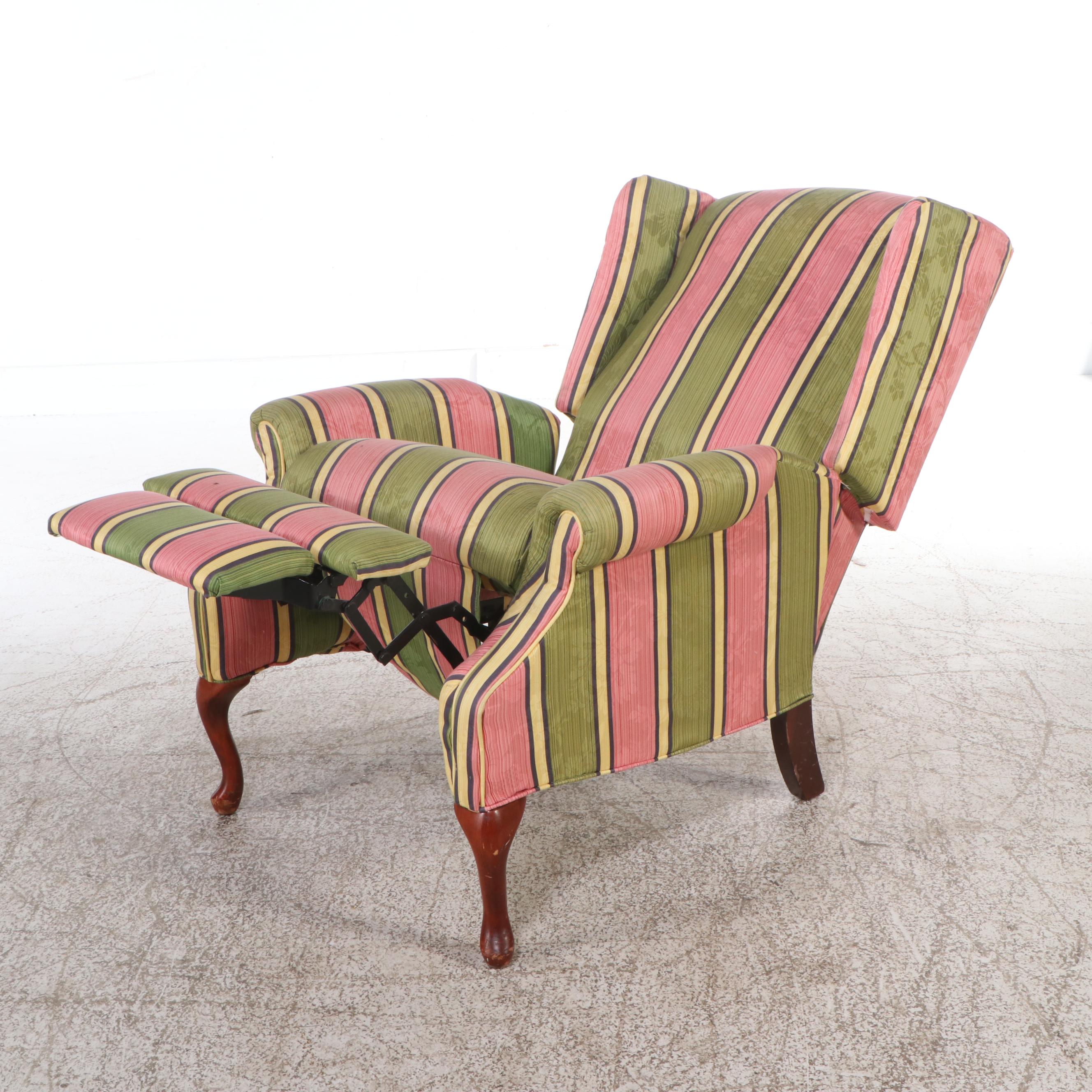 Queen Anne Style Striped Fabric Upholstered Wingback Recliner