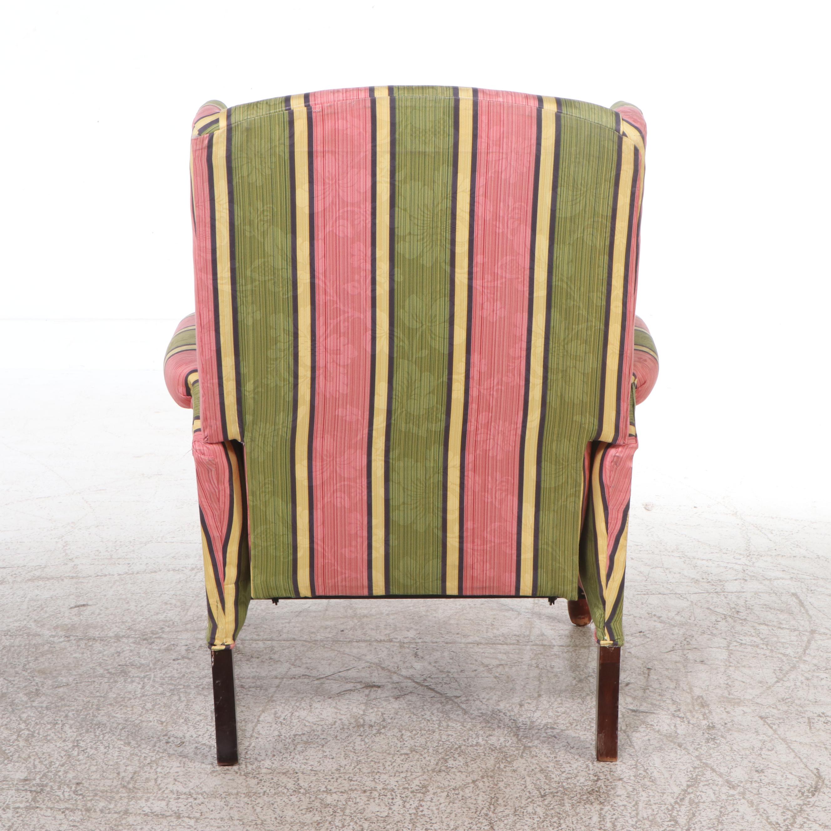 Queen Anne Style Striped Fabric Upholstered Wingback Recliner