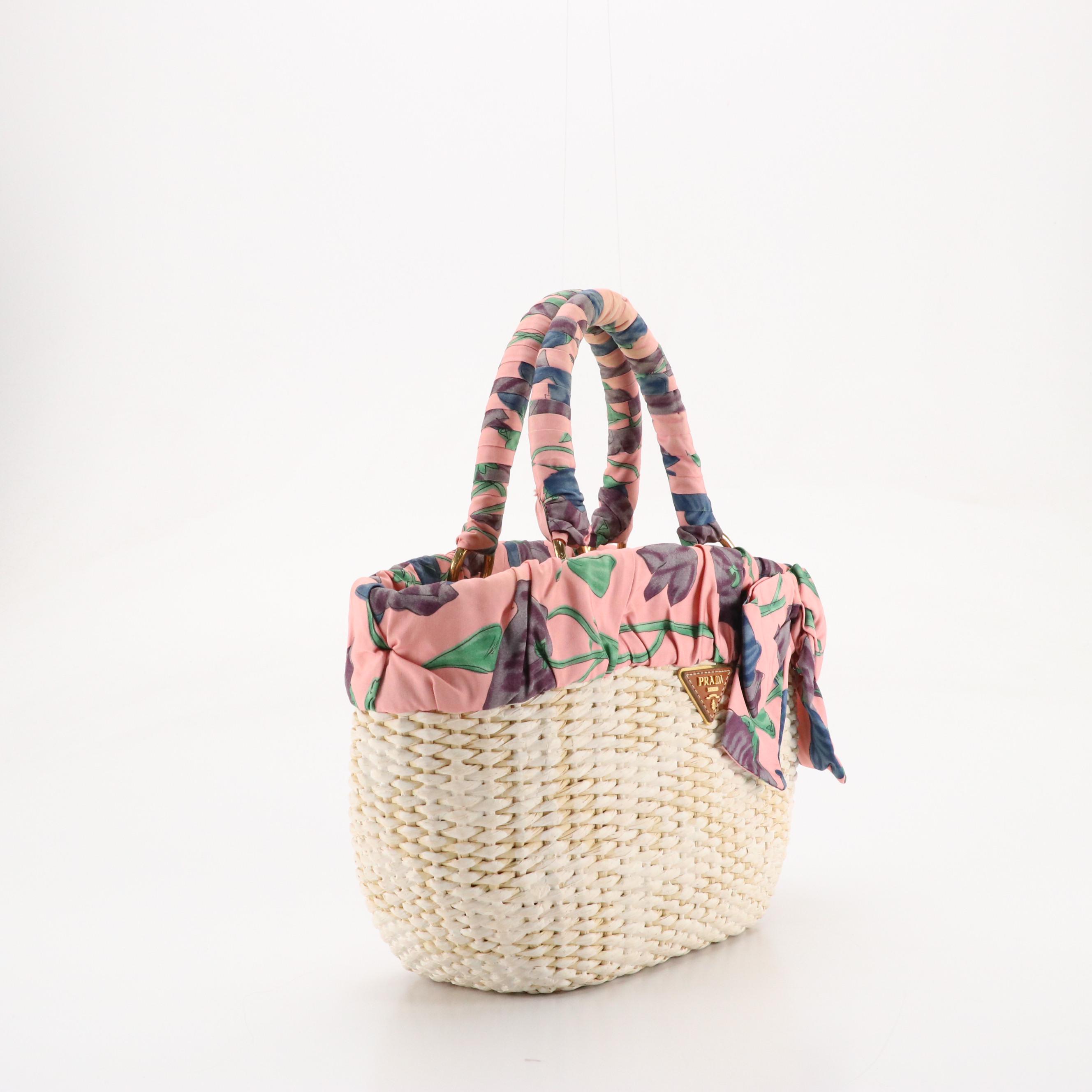 Prada Two-Way Basket Tote in Woven Straw and Floral Ribbon Fabric