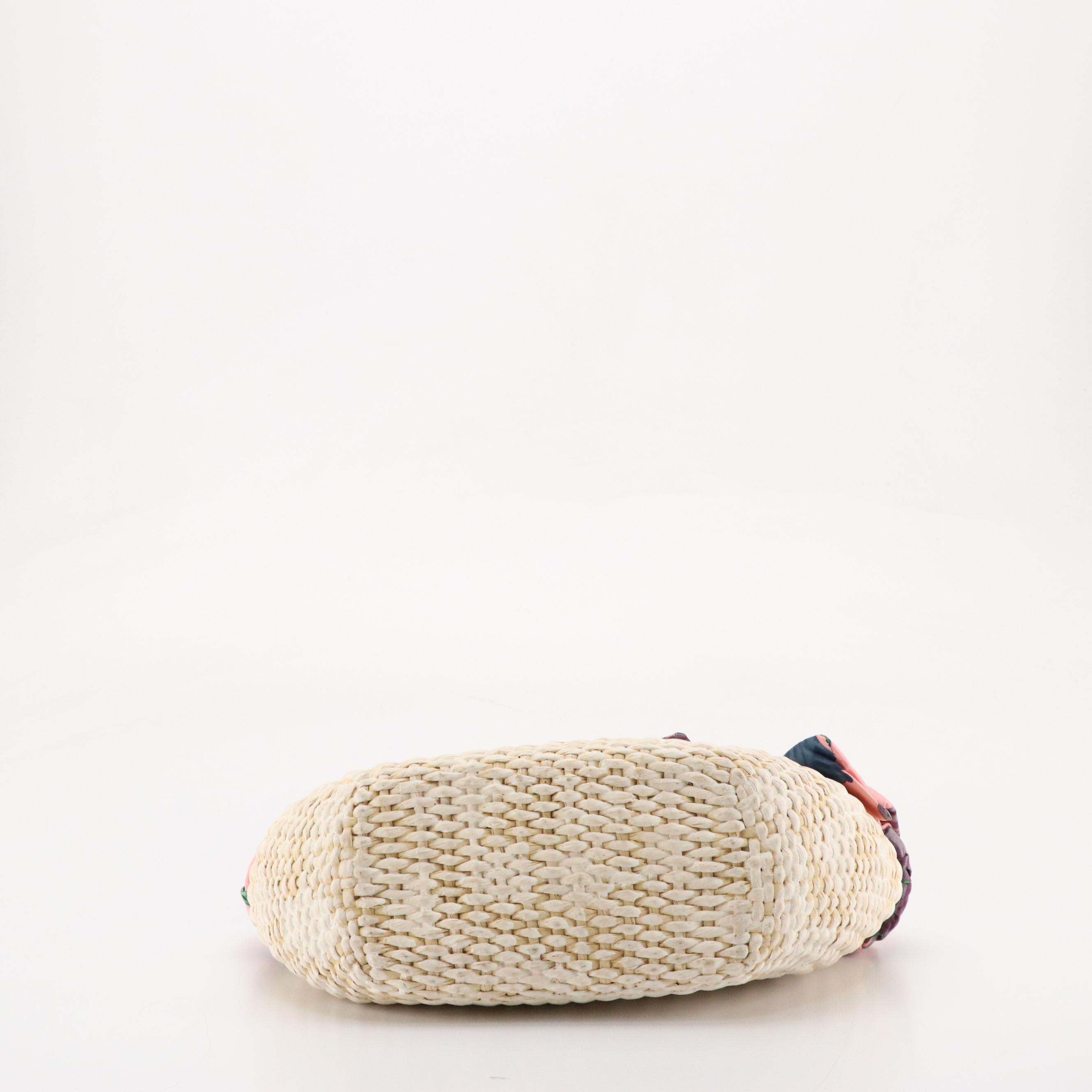 Prada Two-Way Basket Tote in Woven Straw and Floral Ribbon Fabric