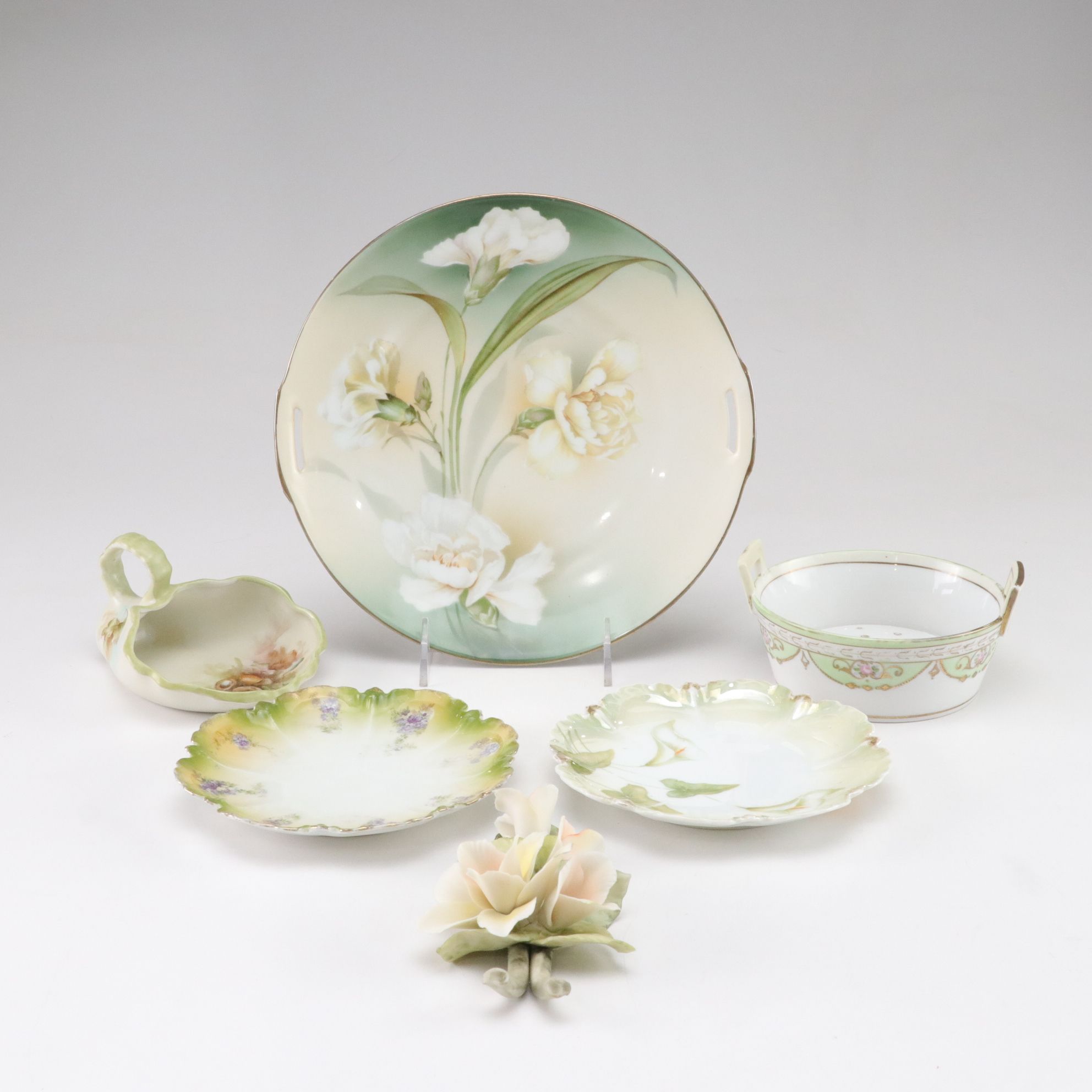 R. S. Germany White Carnation Pierced Plate and Other Gilt Porcelain Dishes