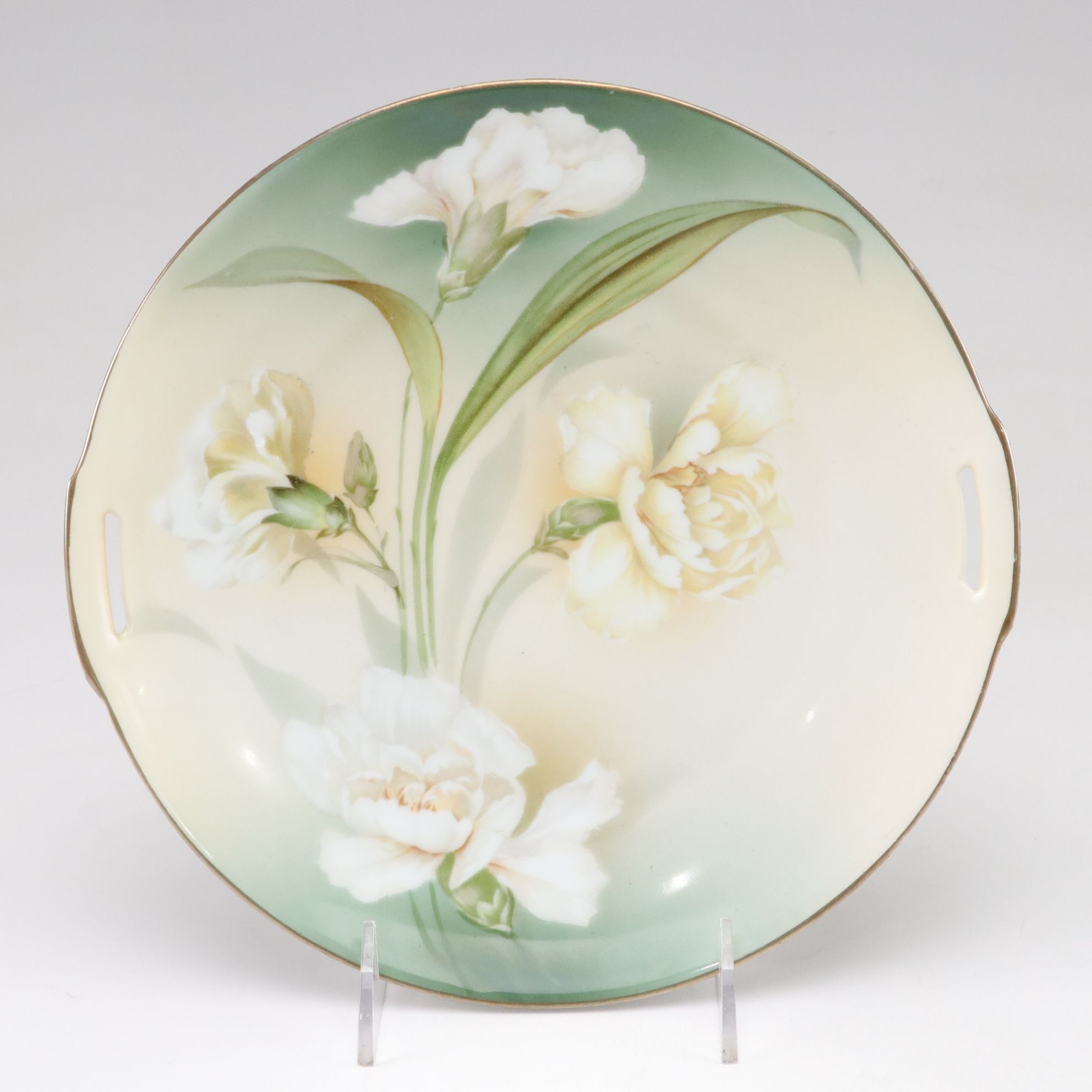 R. S. Germany White Carnation Pierced Plate and Other Gilt Porcelain Dishes