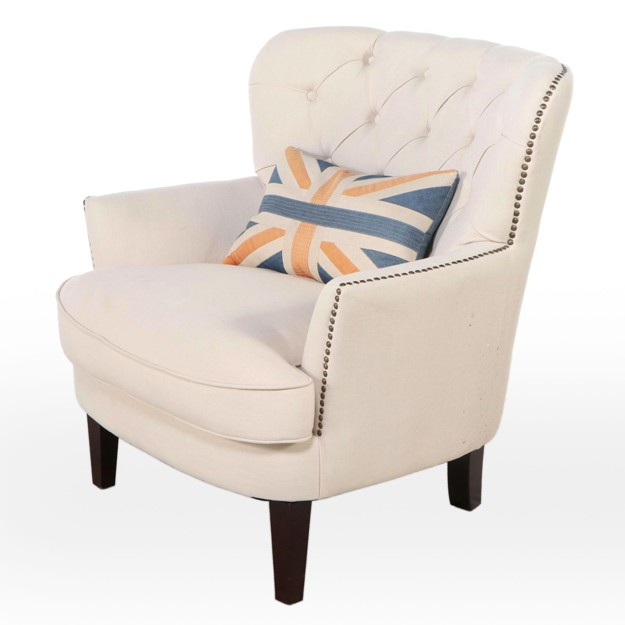Contemporary Button-Tufted Armchair with Union Jack Throw Pillow