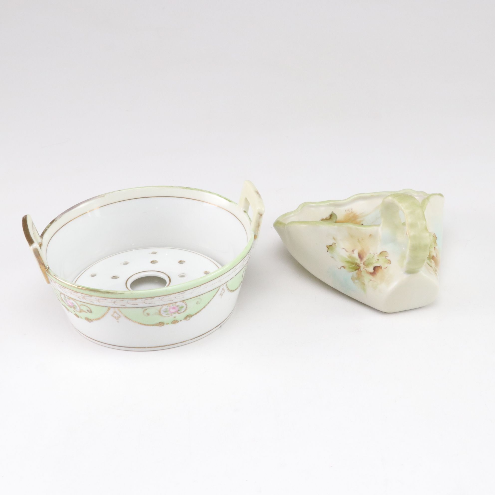 R. S. Germany White Carnation Pierced Plate and Other Gilt Porcelain Dishes