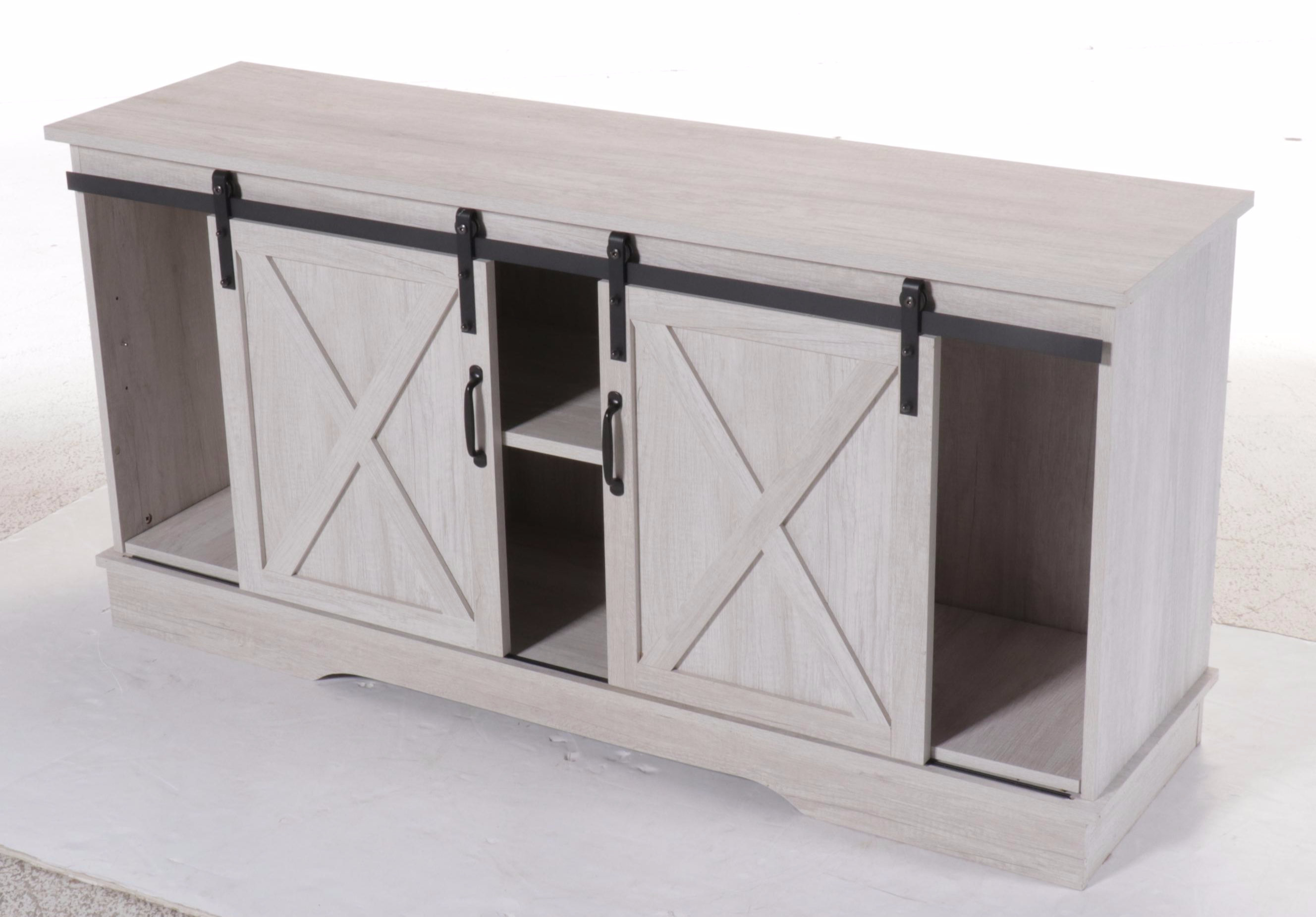 Modern Farmhouse Style Grey Wood Media Cabinet with Barn Doors